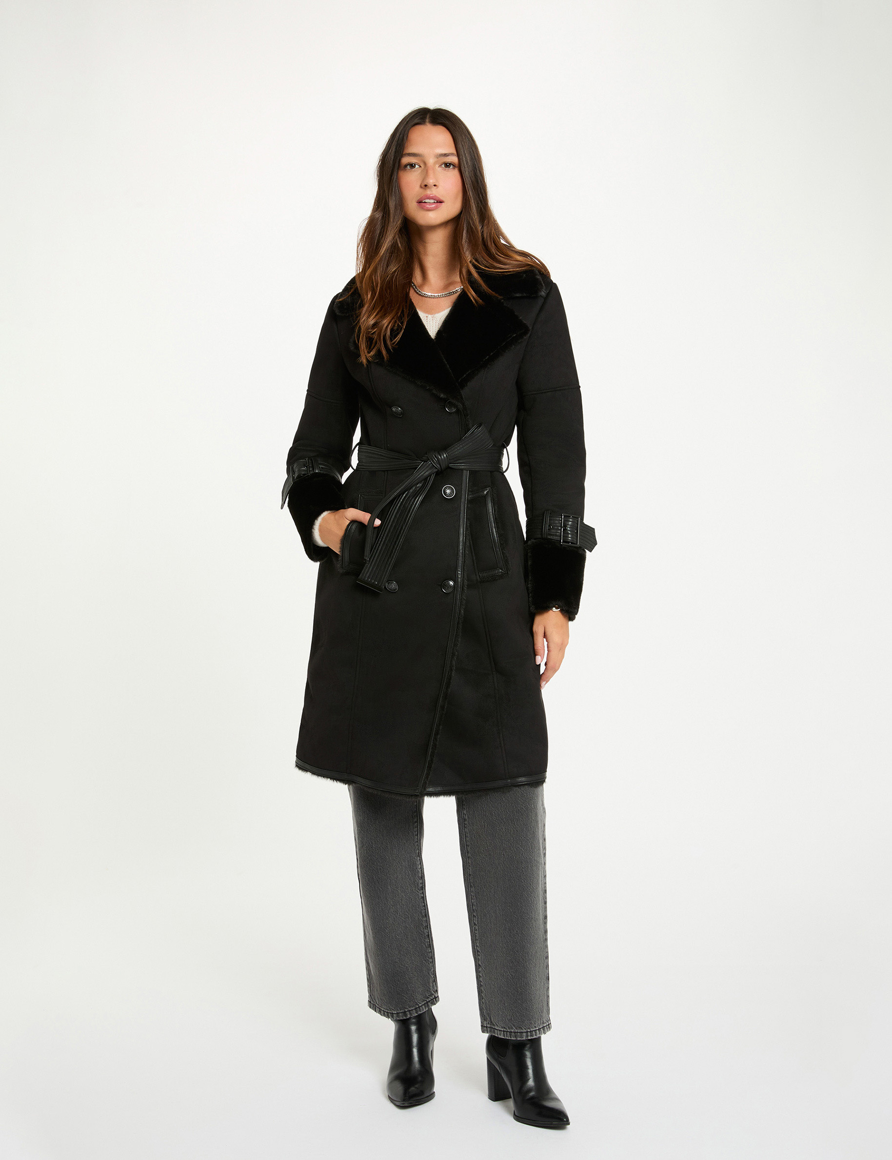 Fitted trench with faux fur black women