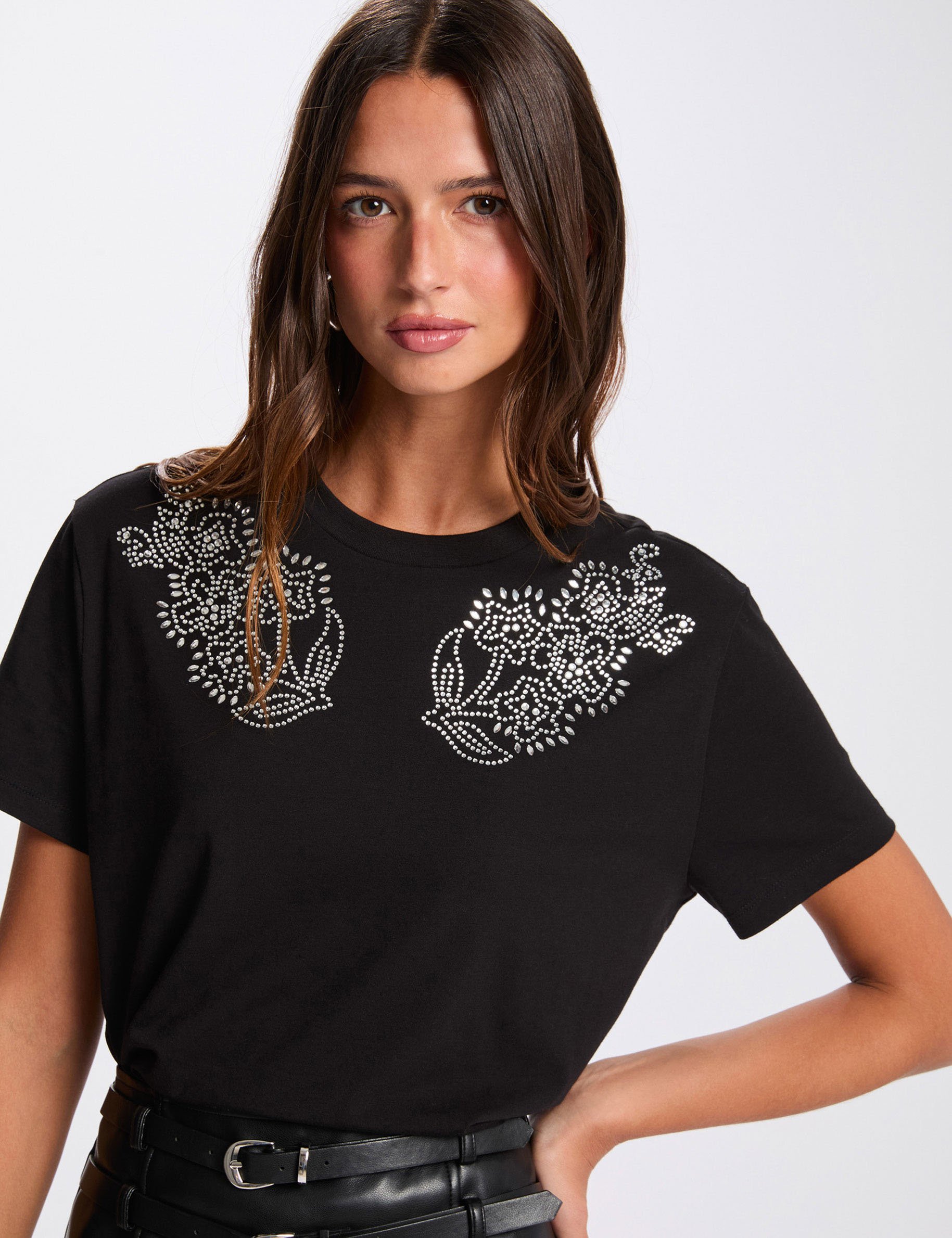 t shirt with rhinestone design black women T-shirt with rhinestone design black women
