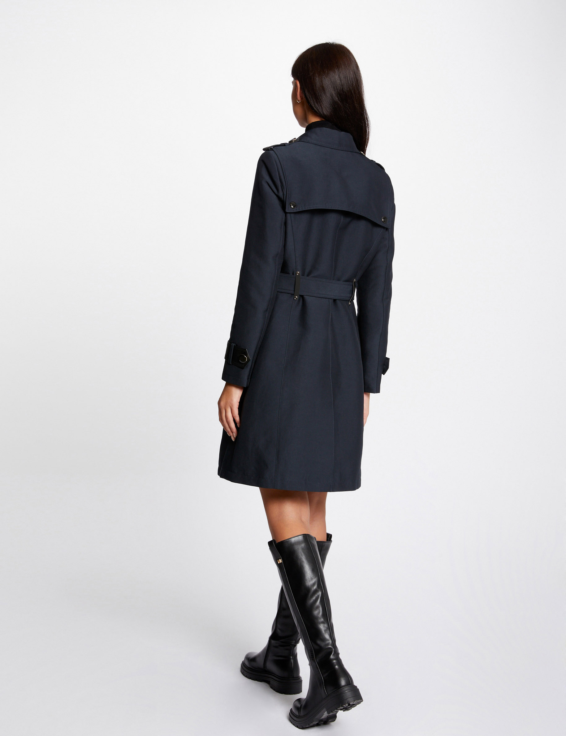 Belted trenchcoat faux leather details navy ladies'