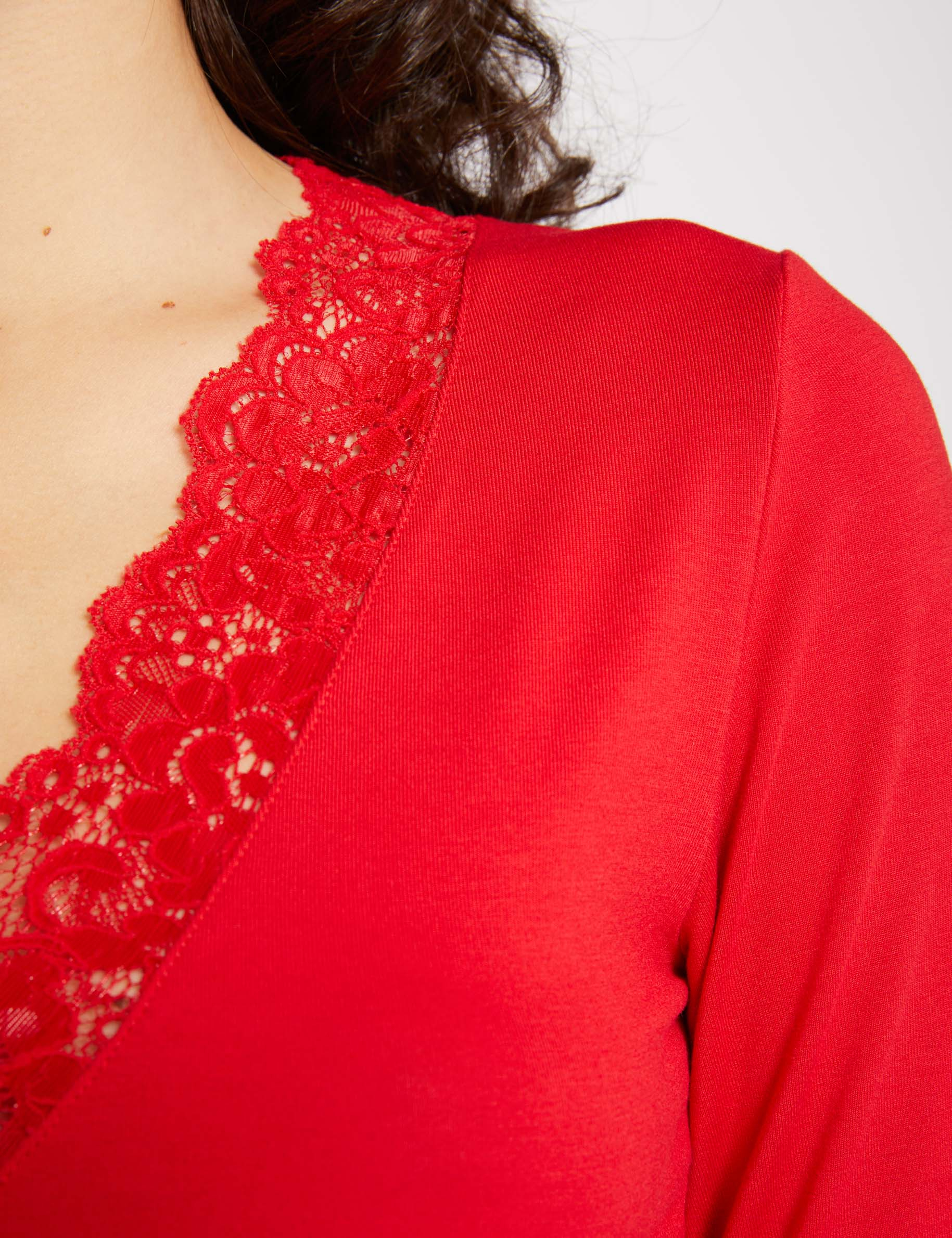 Long-sleeved T-shirt with lace red women