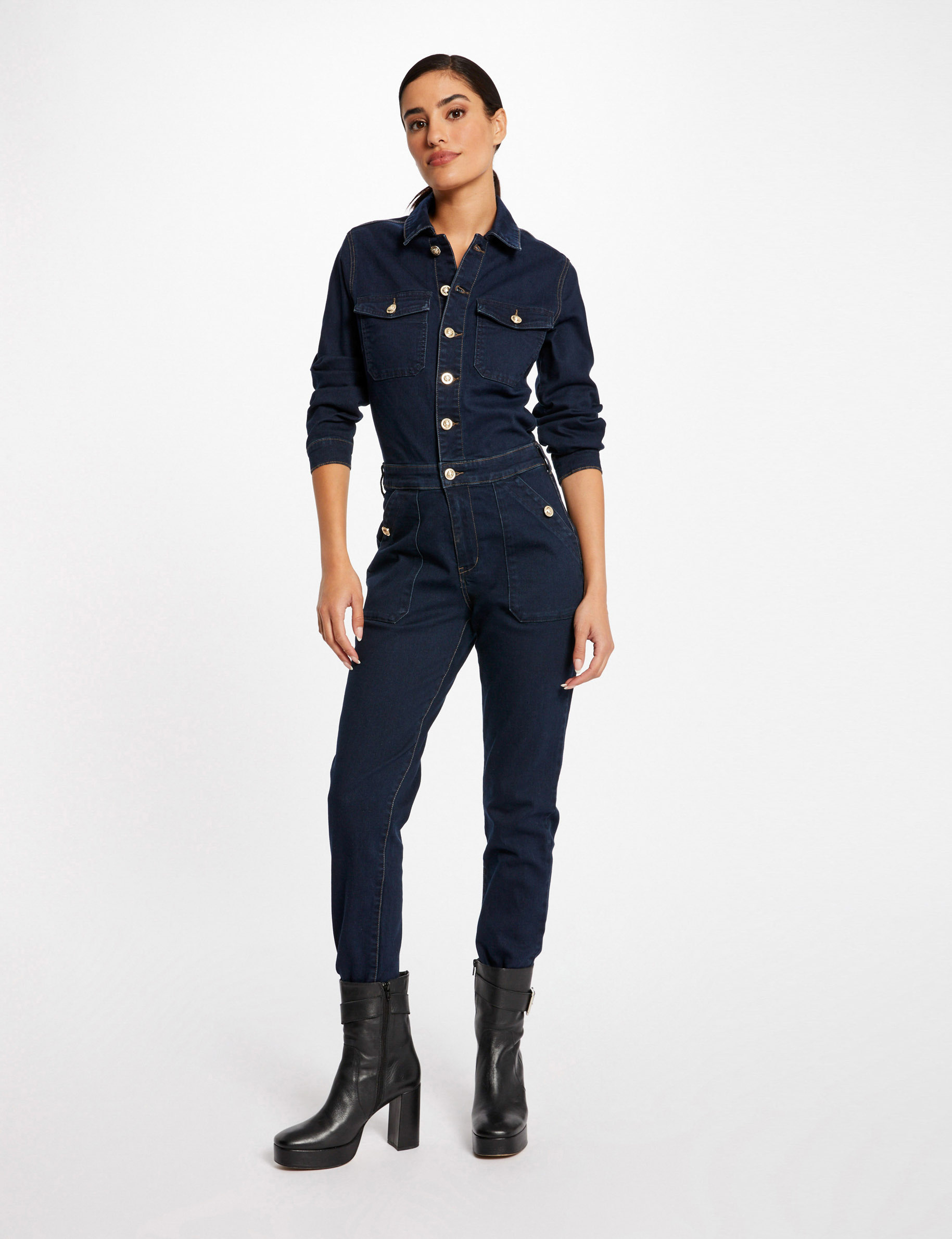 Straight buttoned denim jumpsuit raw denim ladies' Straight buttoned denim jumpsuit raw denim ladies'