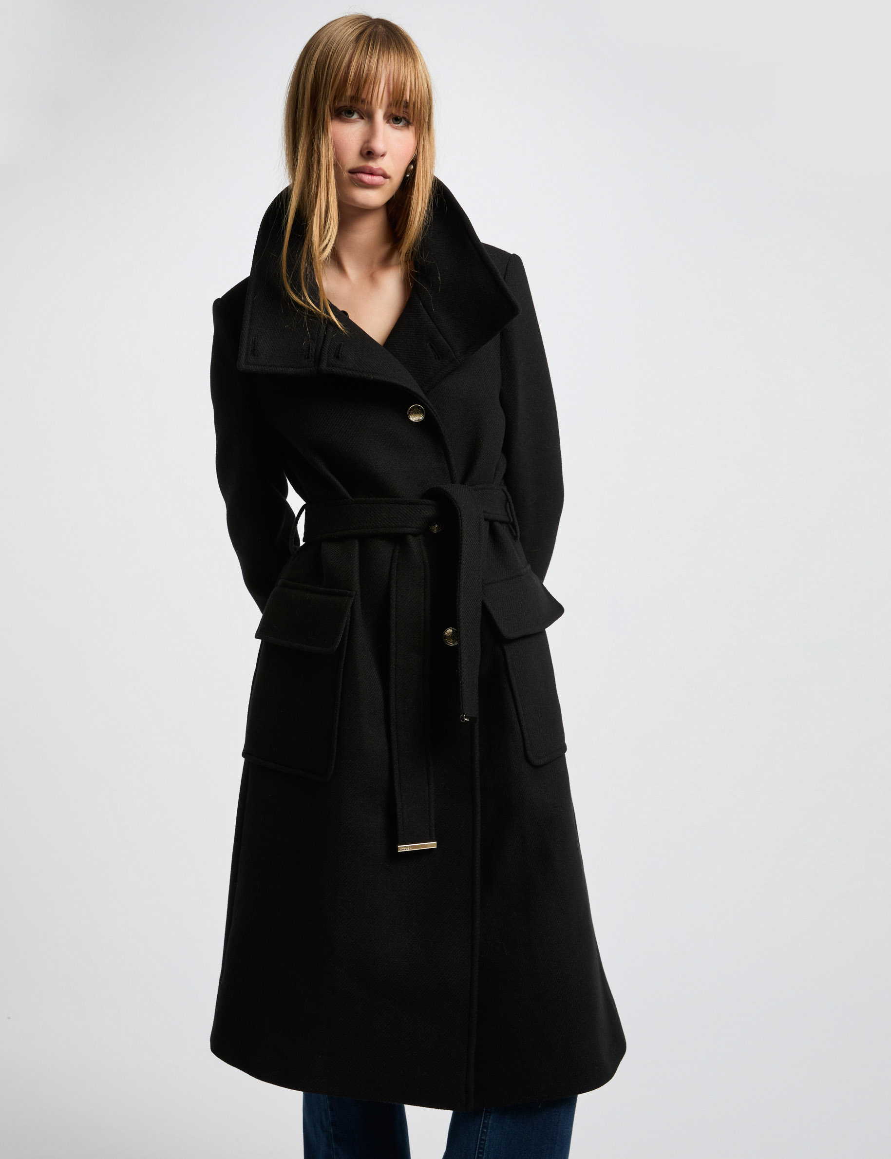 belted long coat black women Belted long coat black women