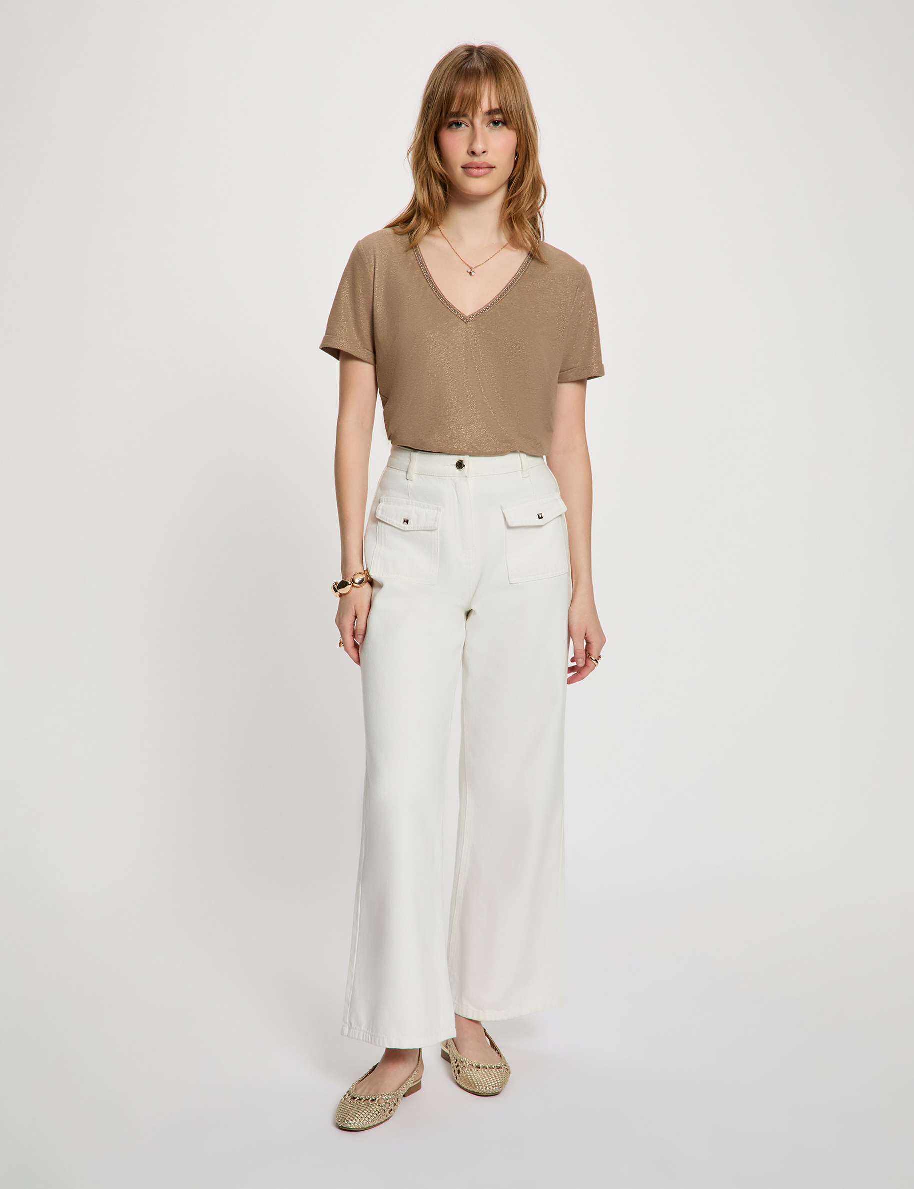 Pearl-embellished v-neck t-shirt taupe women