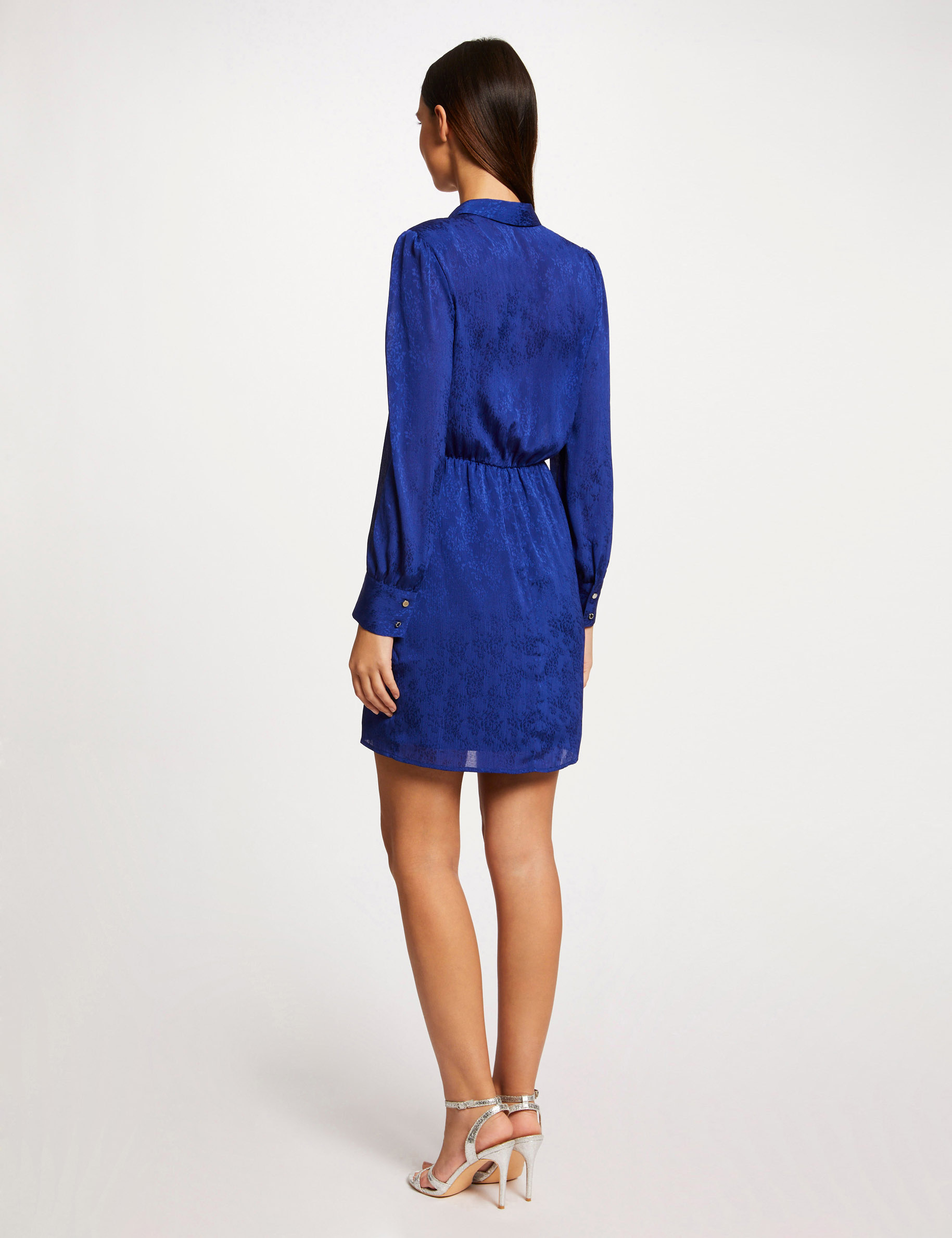 Printed satin draped straight dress electric blue ladies' Printed satin draped straight dress electric blue ladies'
