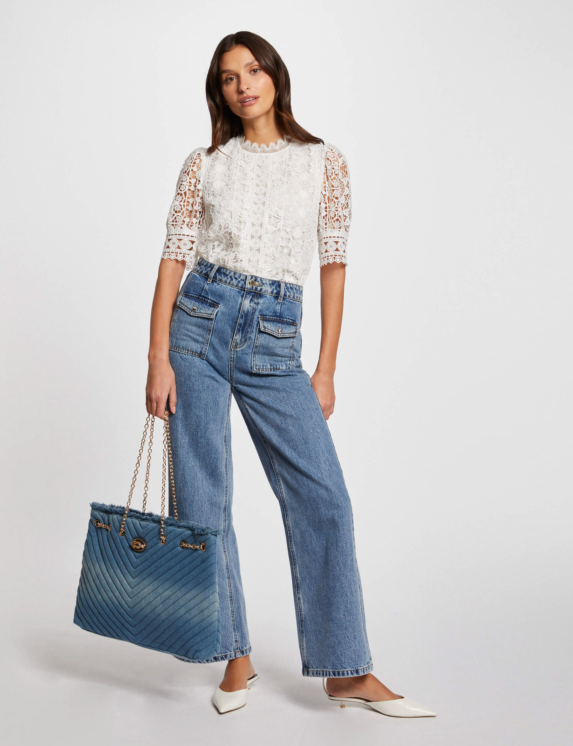 Short-sleeved blouse with lace ivory women