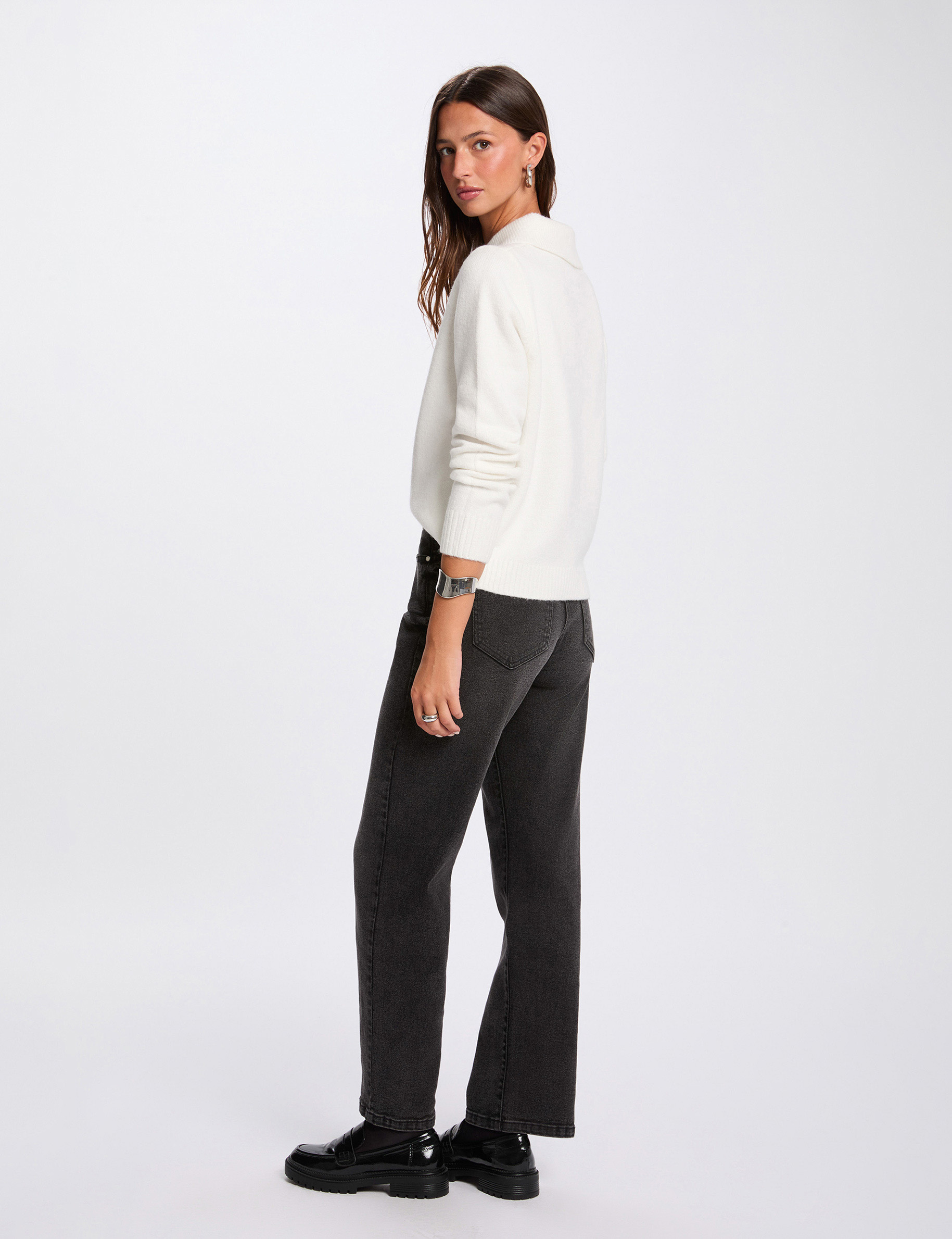 Sweater with a folded collar ivory women