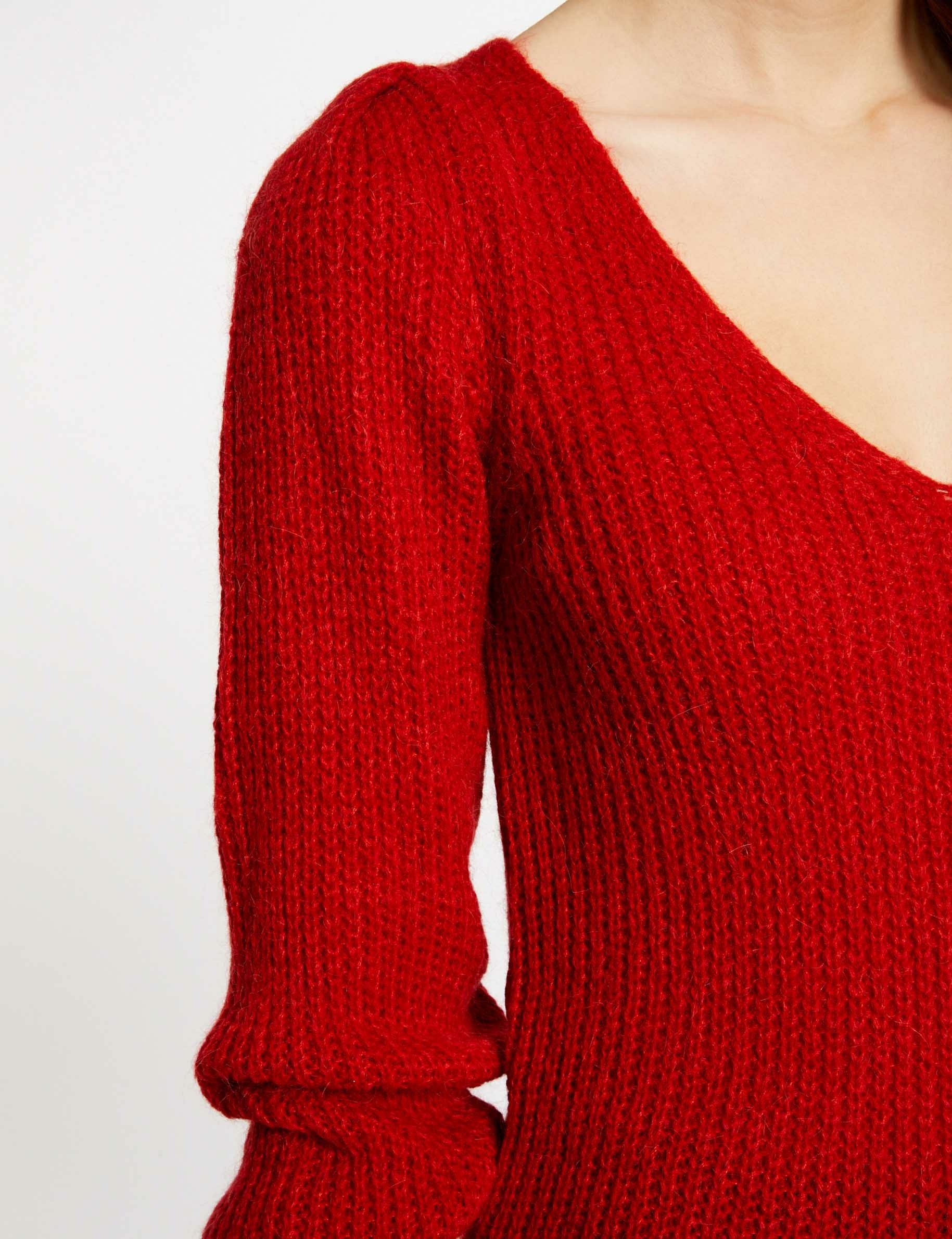 Pull manches longues à col en V rouge femme