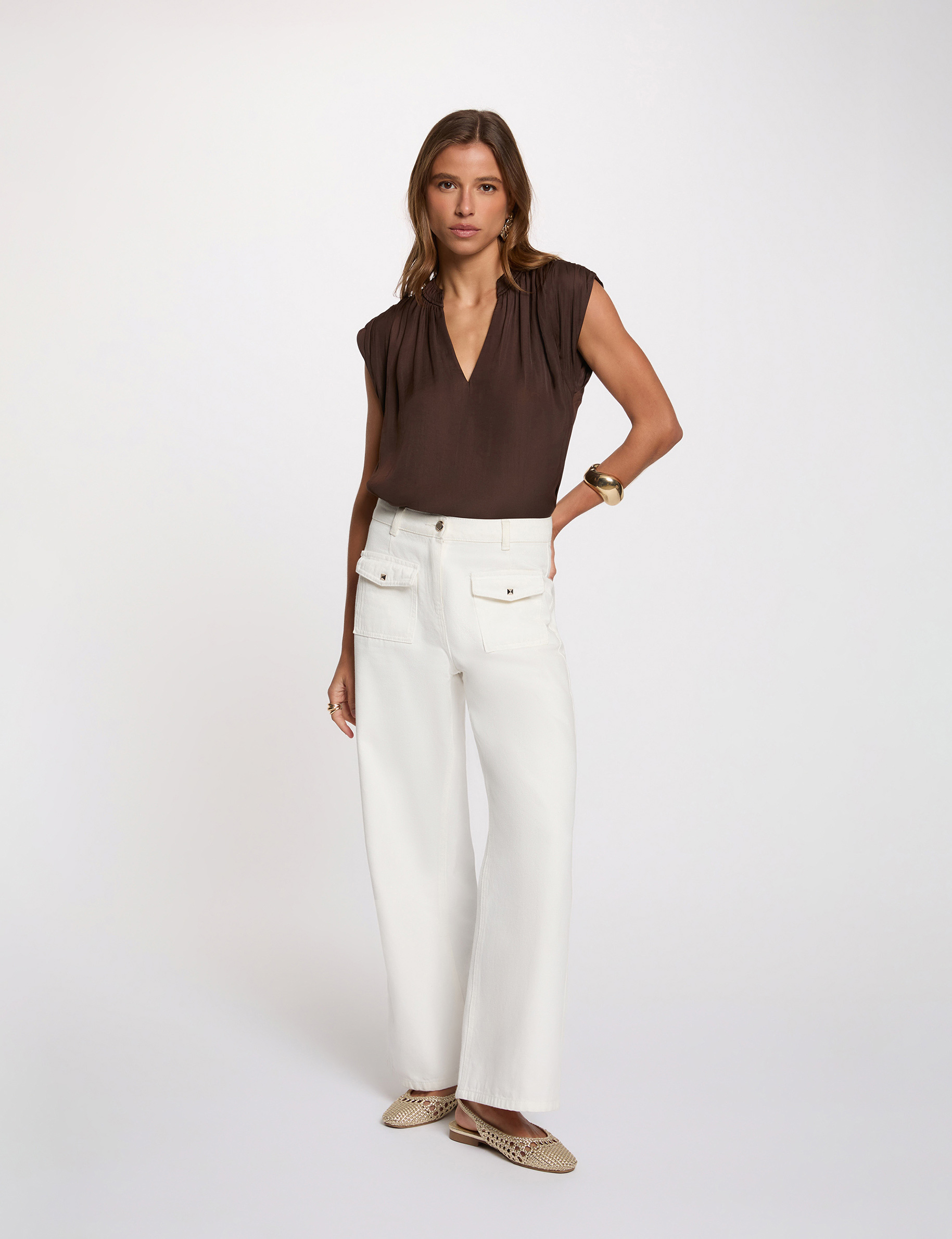 Satin short-sleeved blouse dark brown women