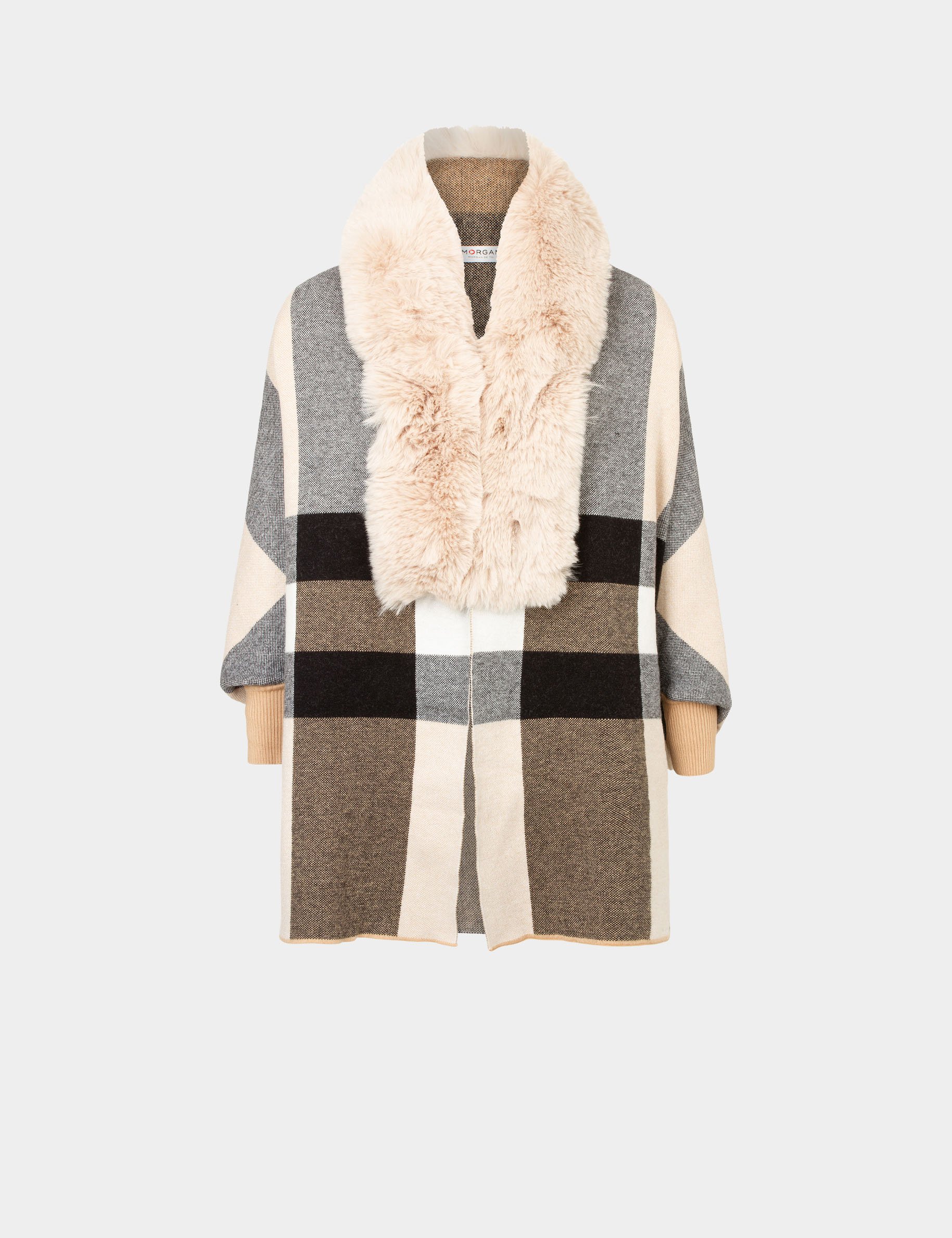 poncho with faux fur details sand women Poncho with faux fur details sand women