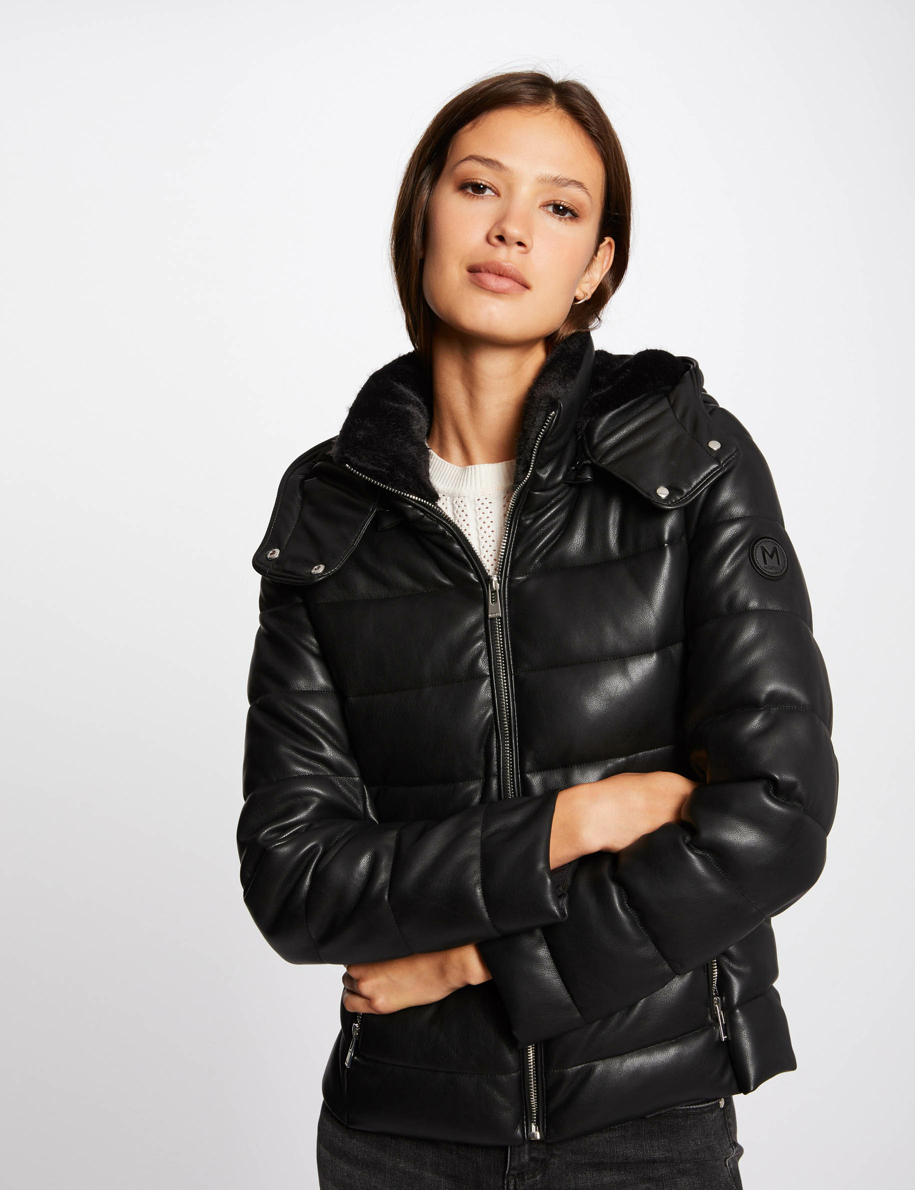 Straight padded jacket with hood black ladies' Straight padded jacket with hood black ladies'