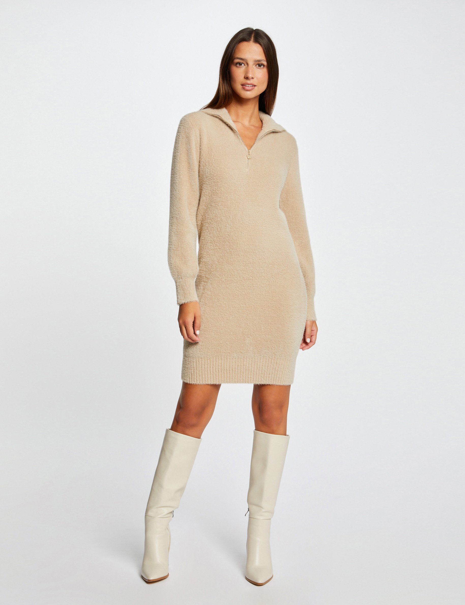 Straight jumper dress zipped rollneck beige ladies Morgan