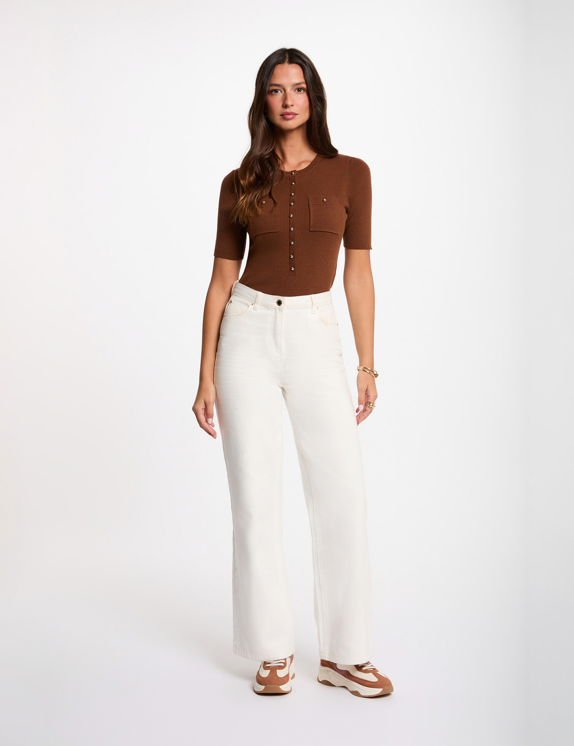 Short-sleeve round-neck sweater chocolate brown women
