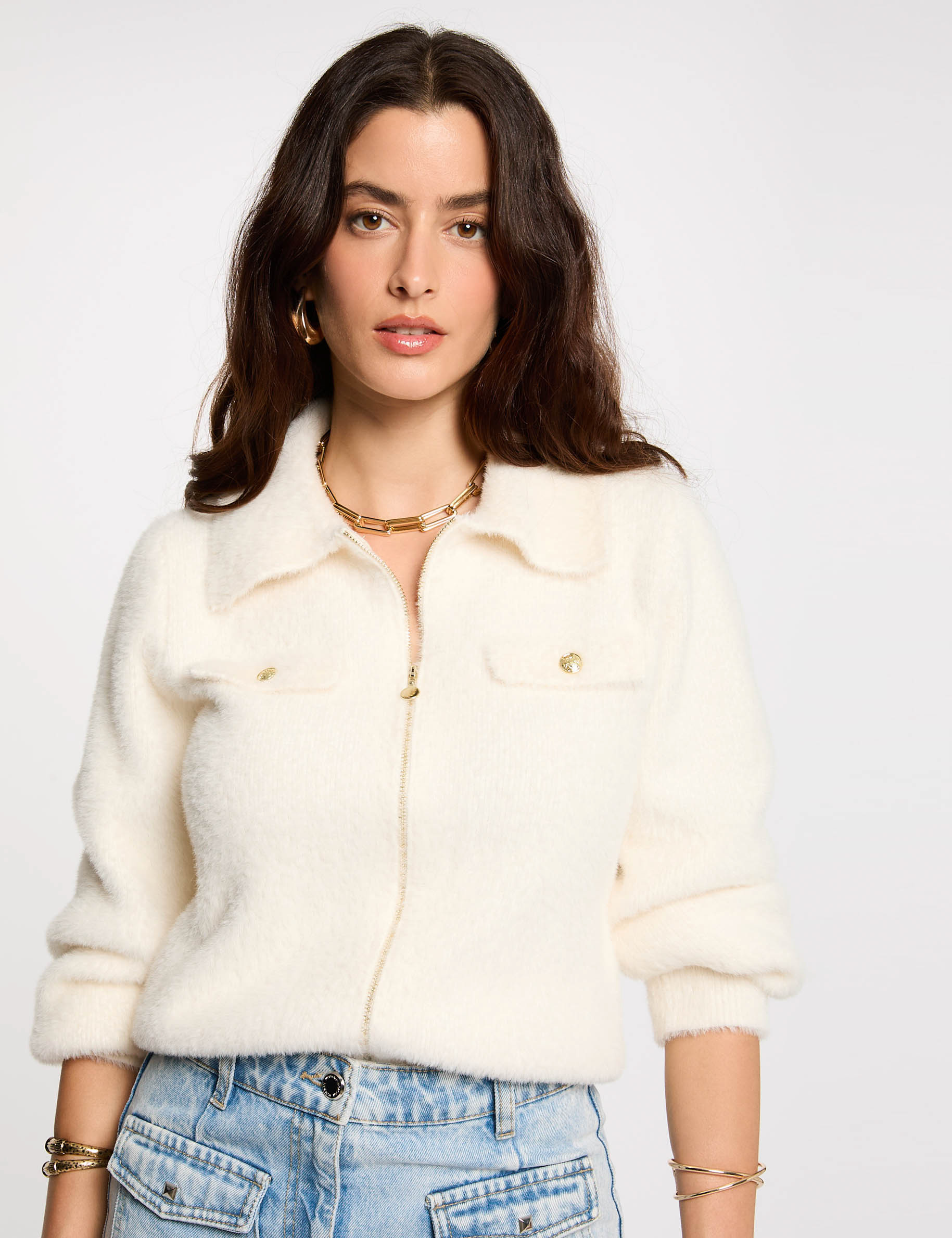 long sleeved cardigan with lapel collar ivory women Long-sleeved cardigan with lapel collar ivory women