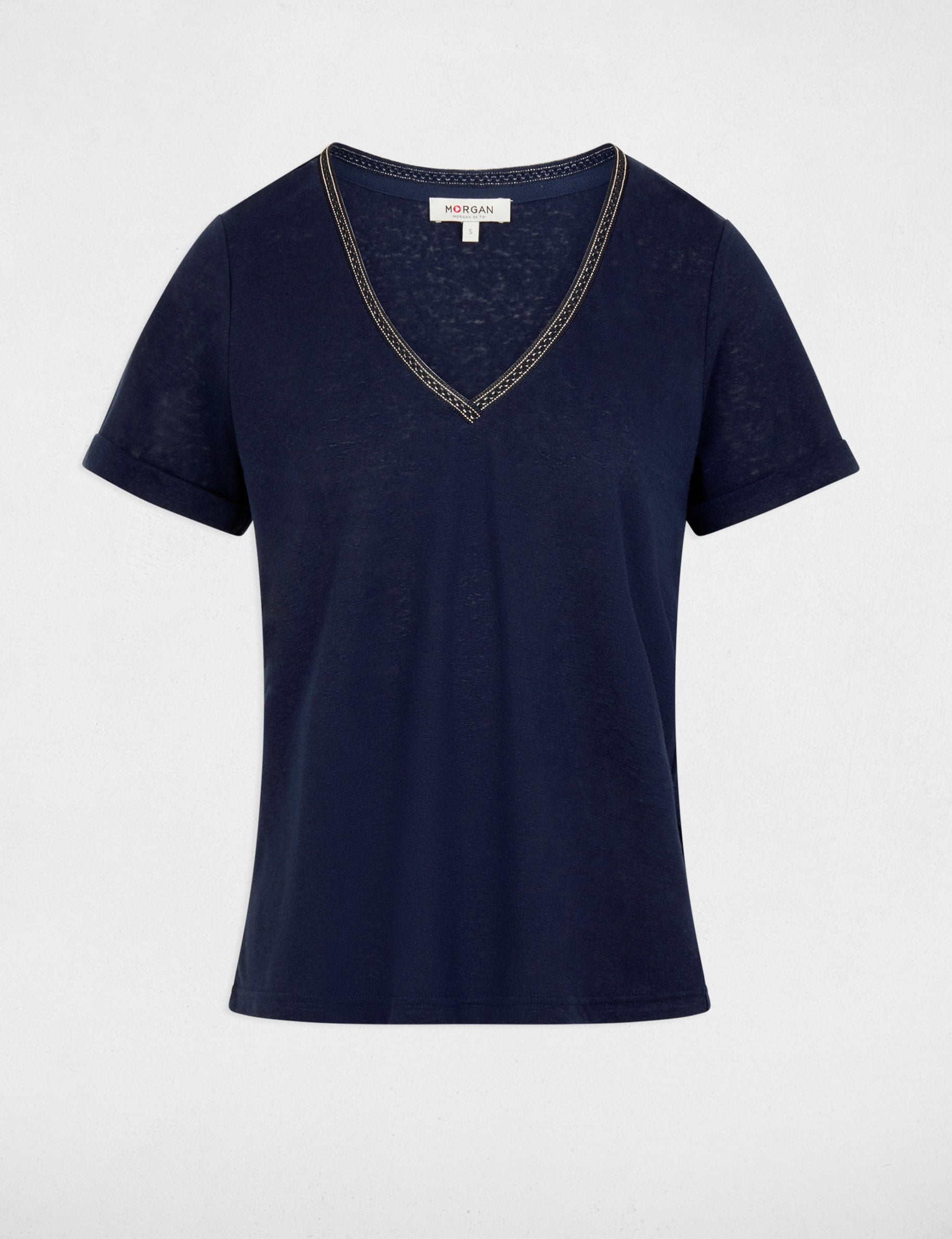 Pearl-embellished v-neck t-shirt navy blue women