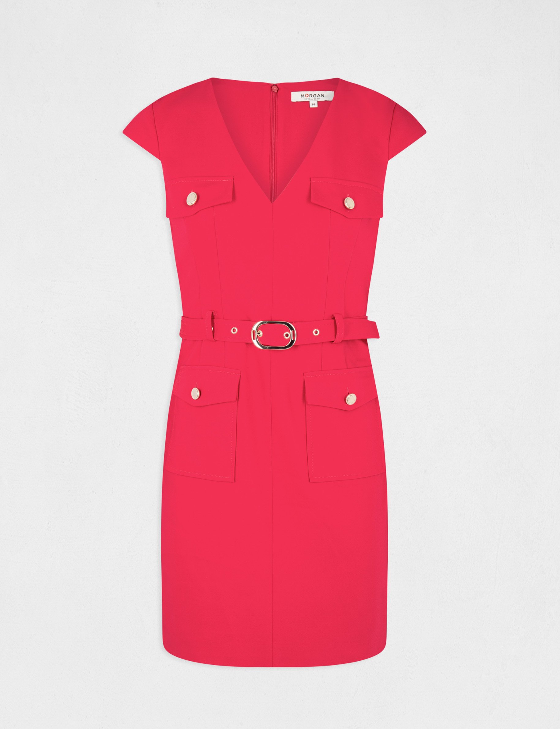 Belted fitted dress with V-neck raspberry ladies' Belted fitted dress with V-neck raspberry ladies'