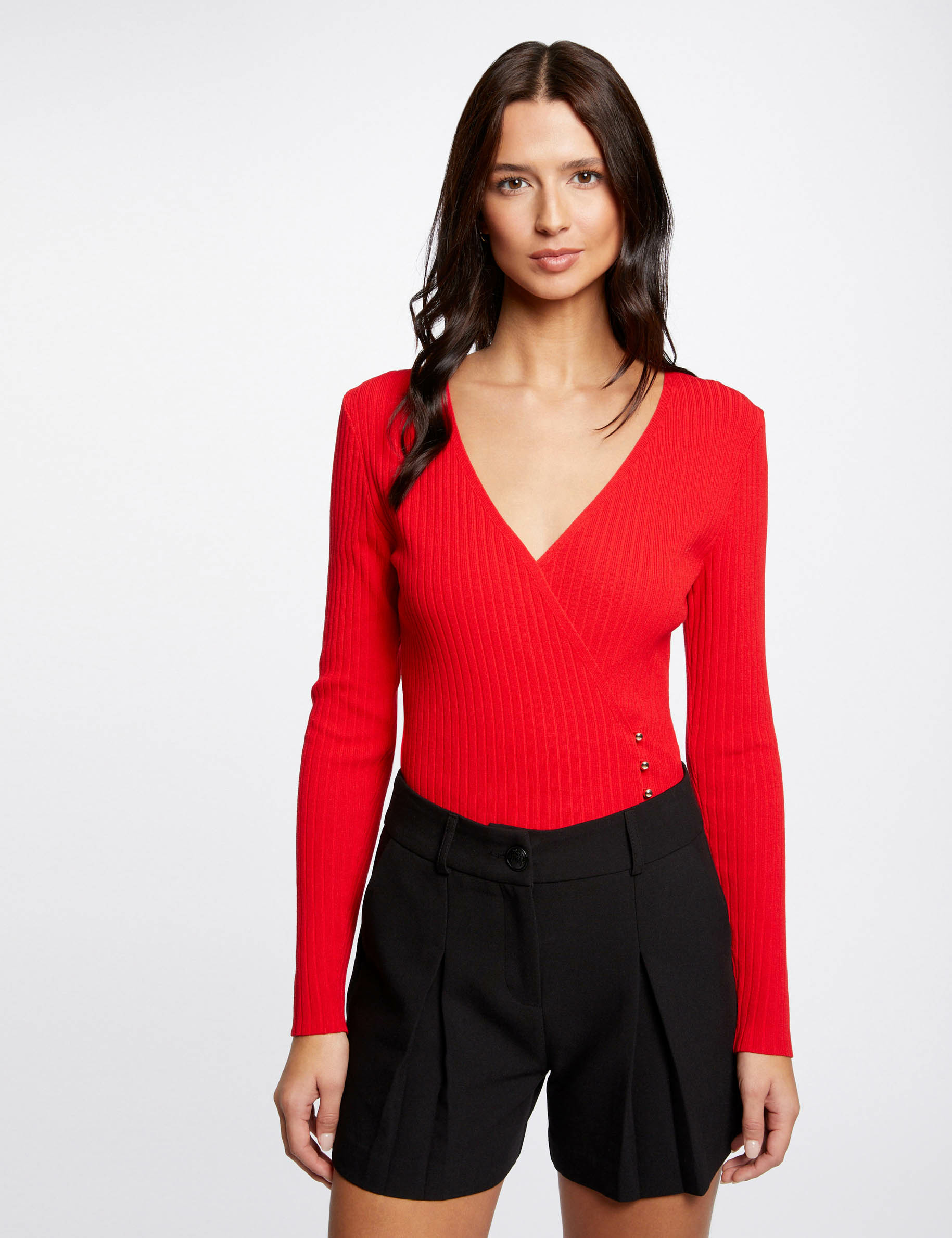 Long-sleeved jumper wrap-over neckline red ladies'