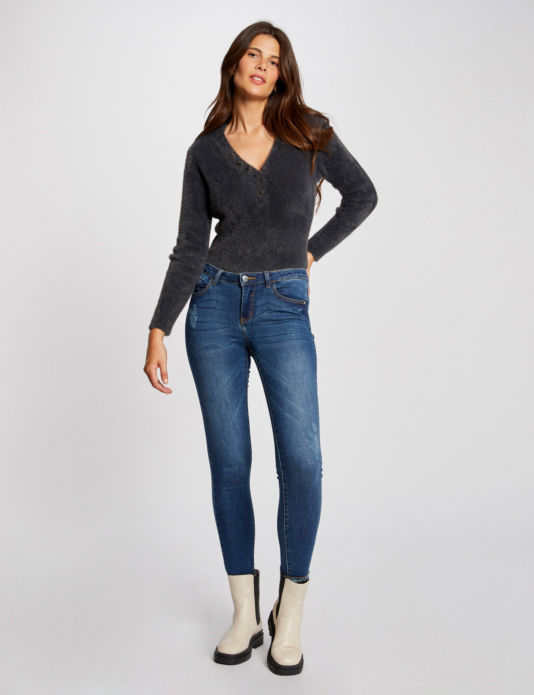 long sleeved jumper with v neck anthracite grey ladies Long-sleeved jumper with V-neck anthracite grey ladies'