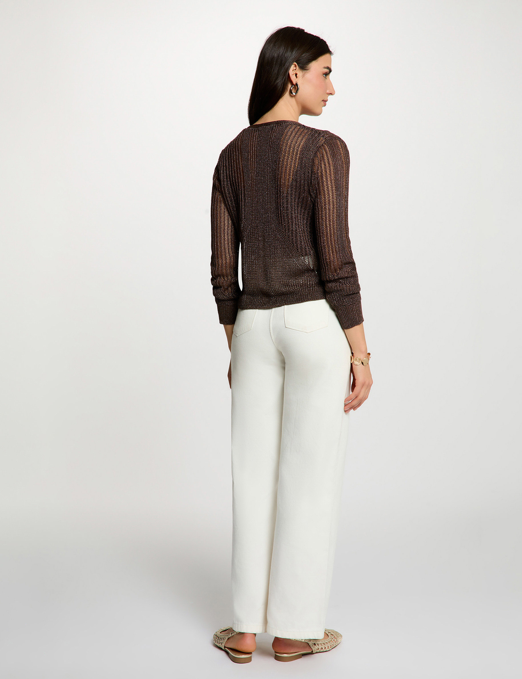 Openwork long-sleeved cardigan dark brown women