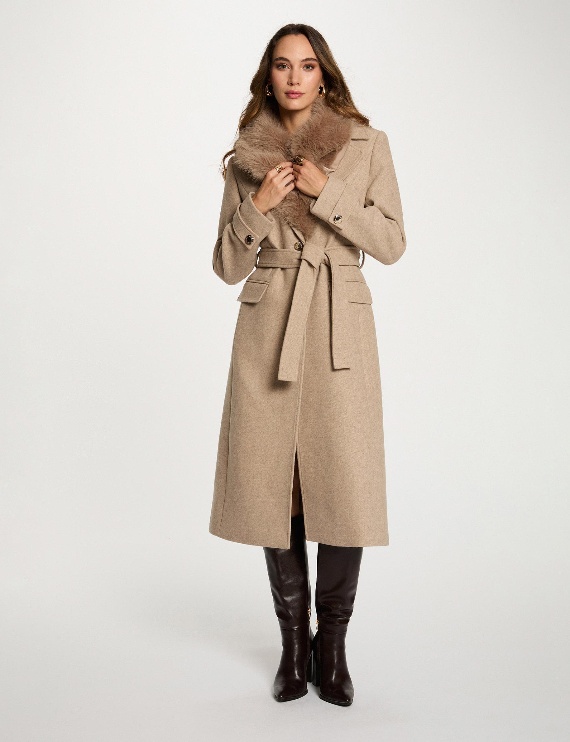 Long belted coat beige women