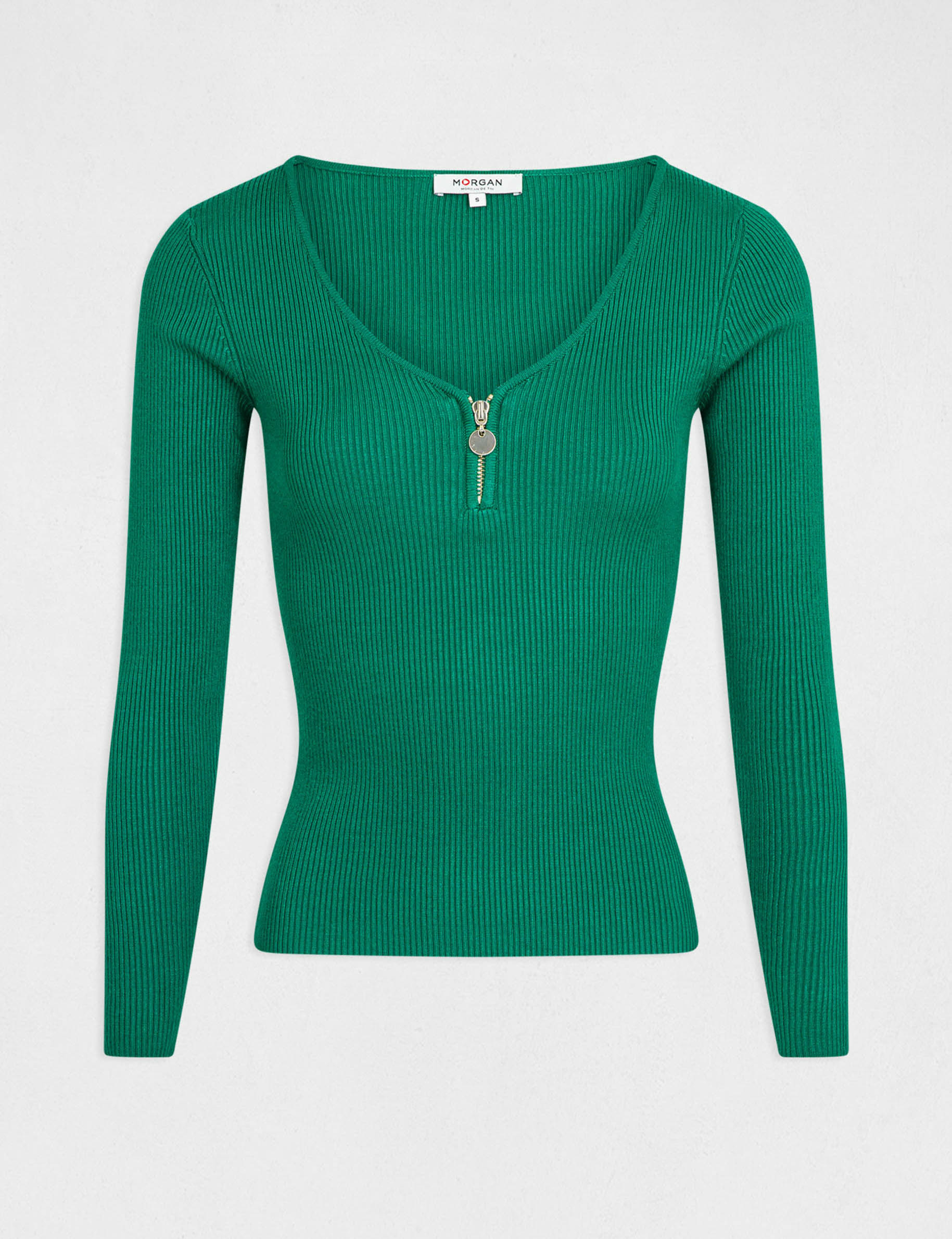 Long-sleeved ribbed jumper zipped detail green ladies'