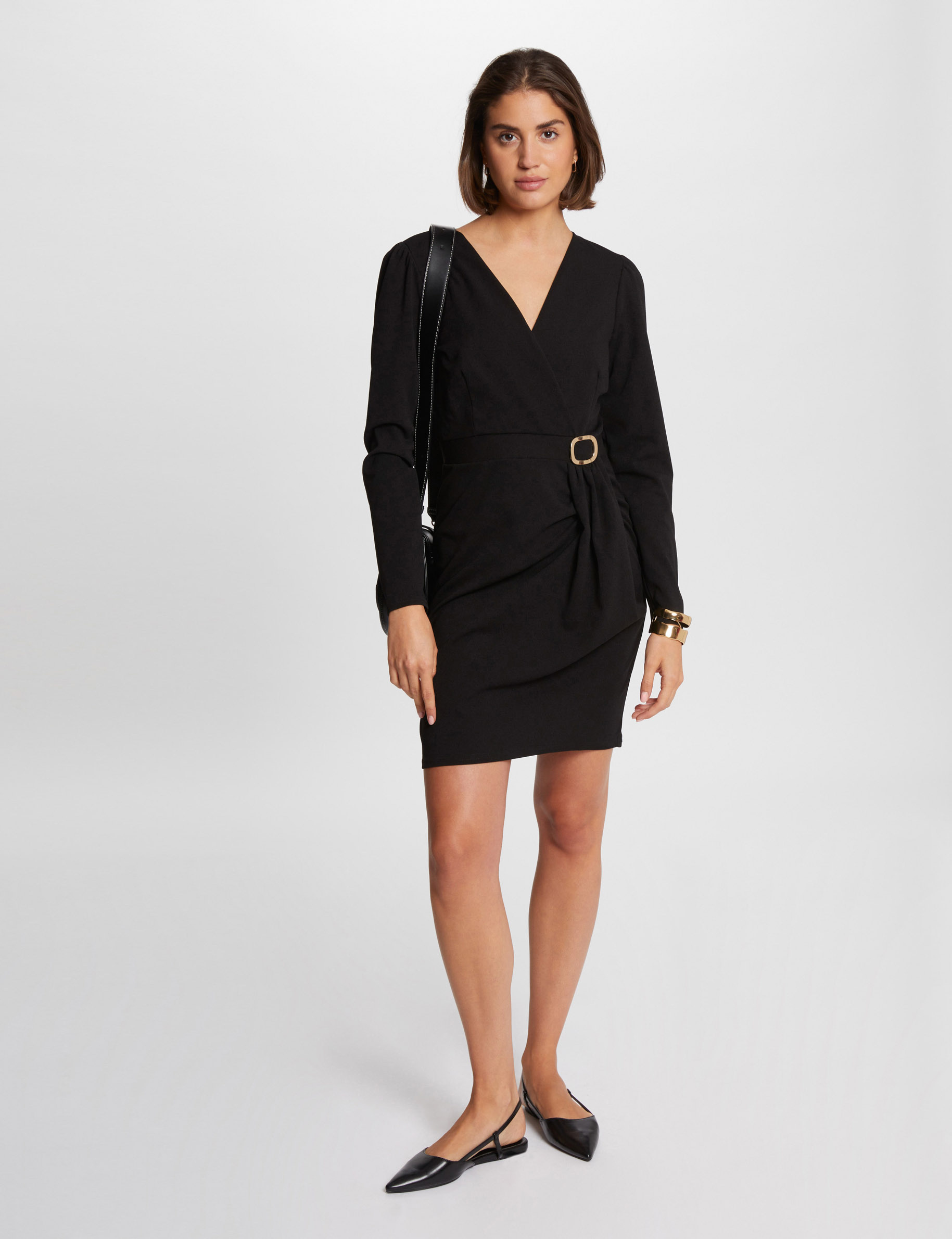 Draped fitted mini dress black women Morgan