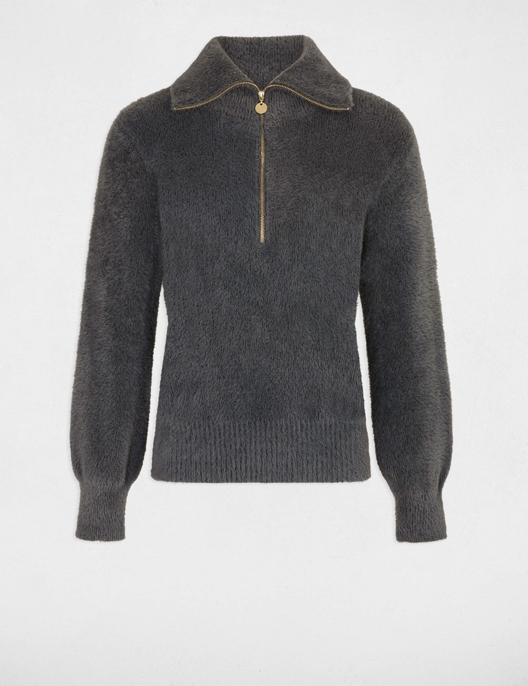 long sleeved jumper with zipped collar anthracite grey women Long-sleeved jumper with zipped collar anthracite grey women