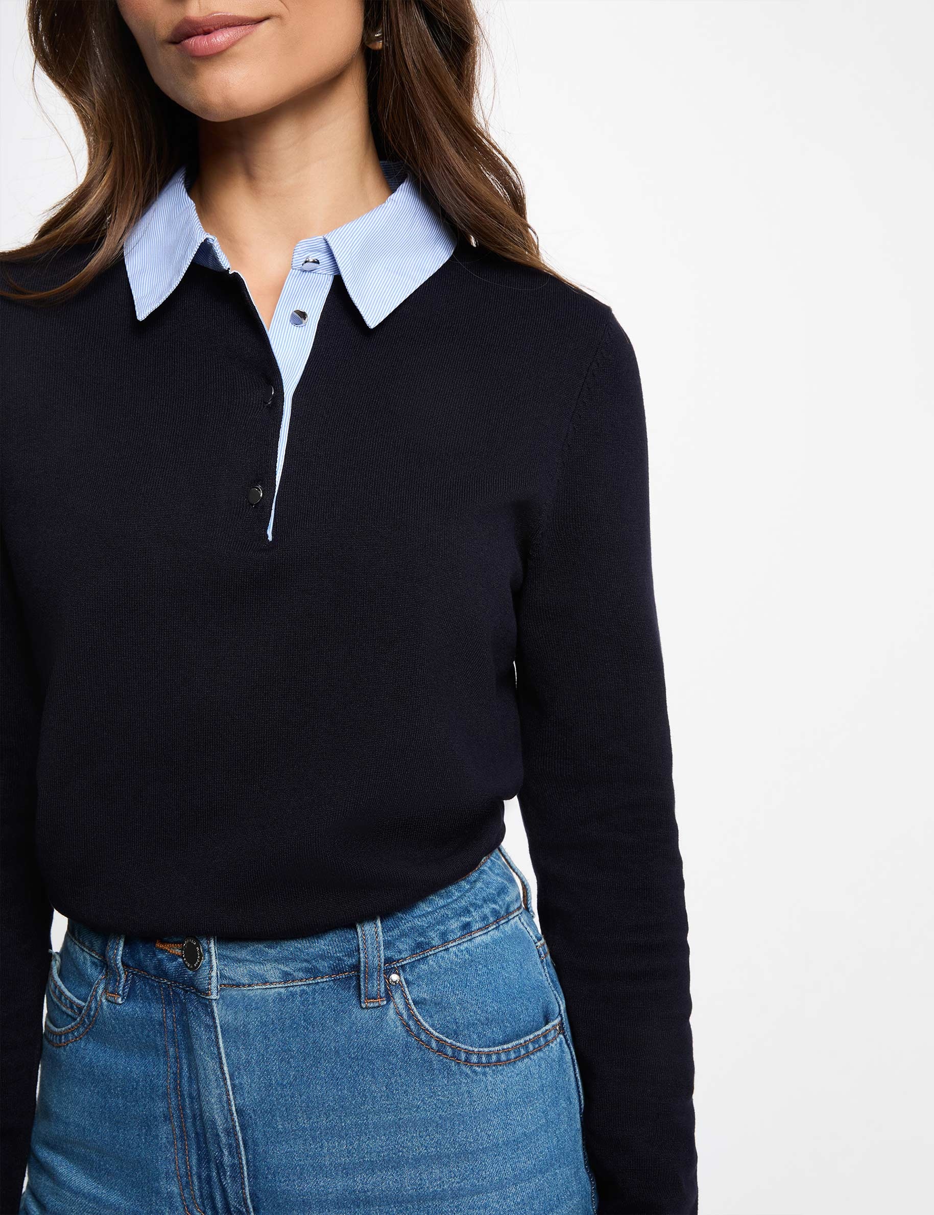 Sweater with shirt collar navy blue women