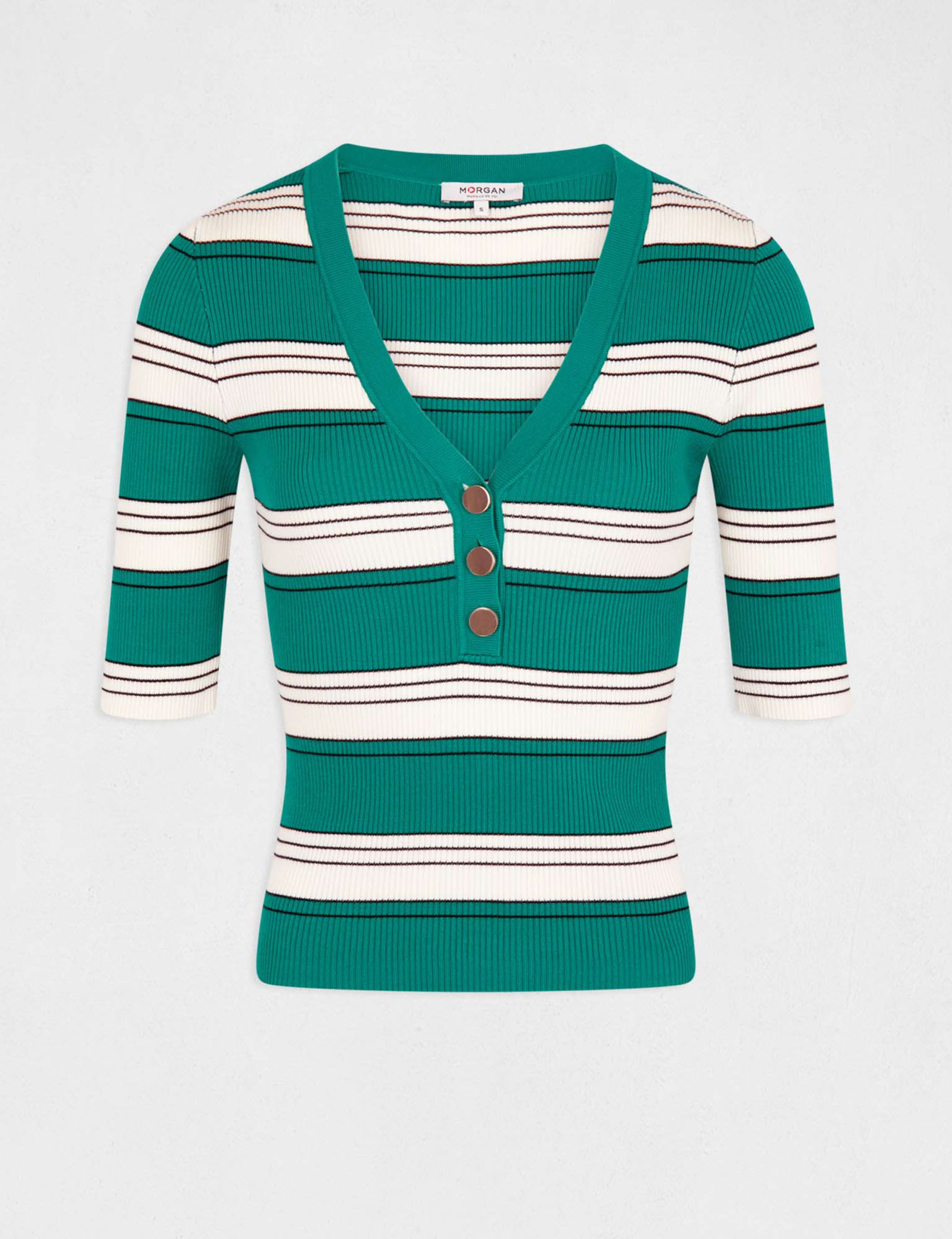 Short-sleeved jumper with stripes mid-green ladies' Short-sleeved jumper with stripes mid-green ladies'