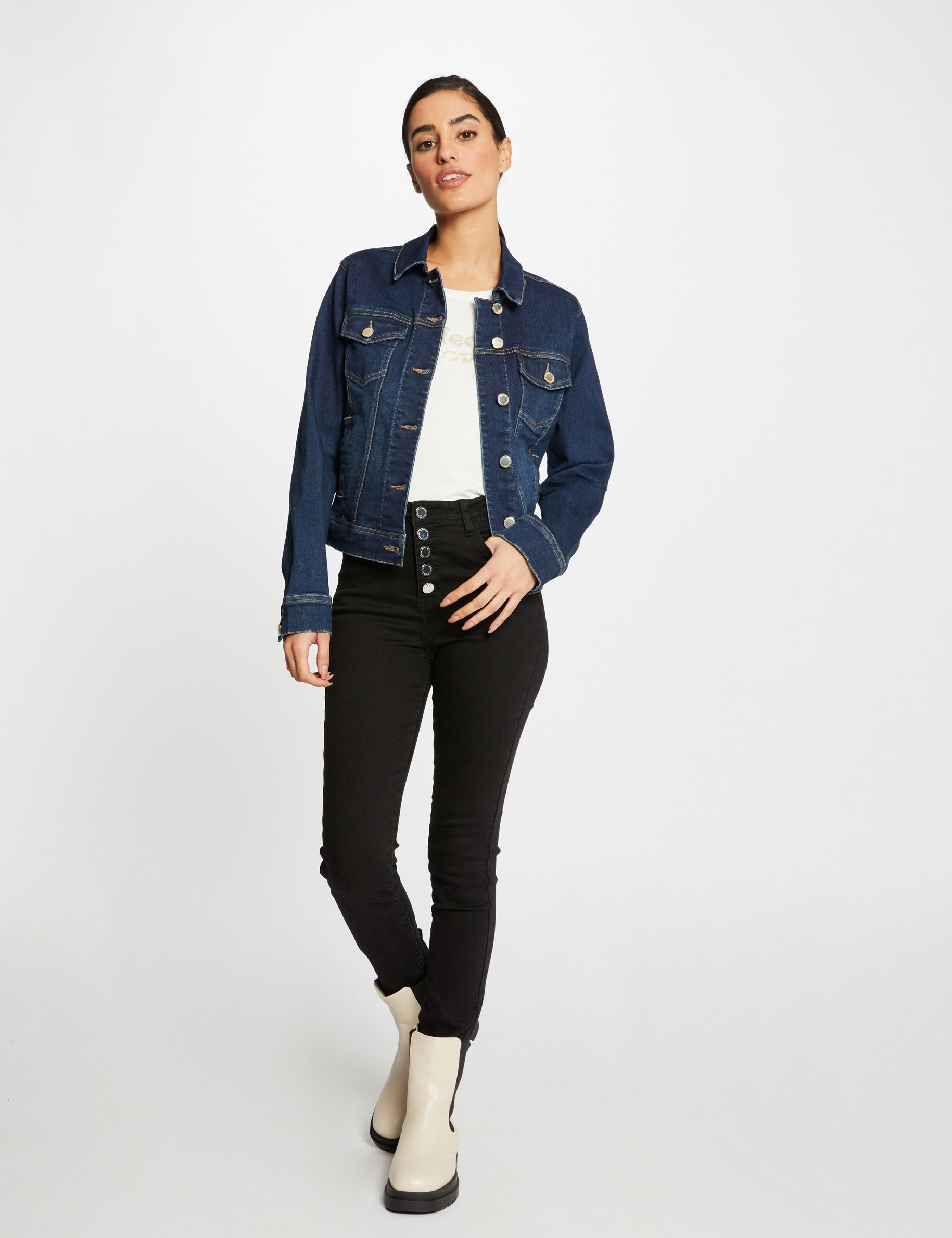 Straight buttoned denim jacket raw denim ladies'