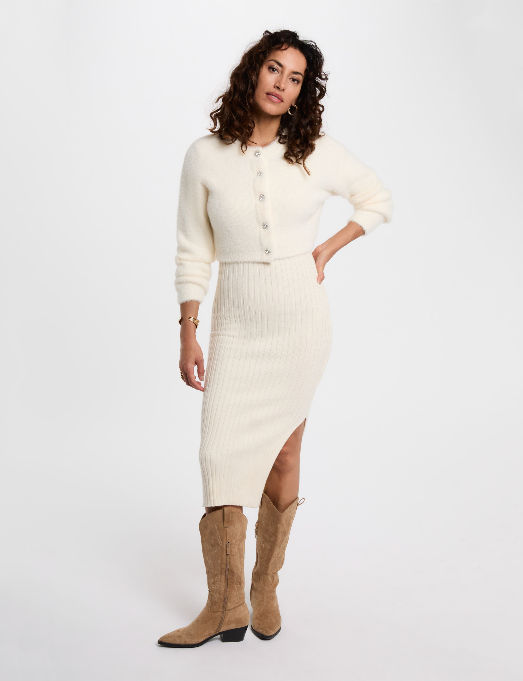 Fitted knit dress ivory women