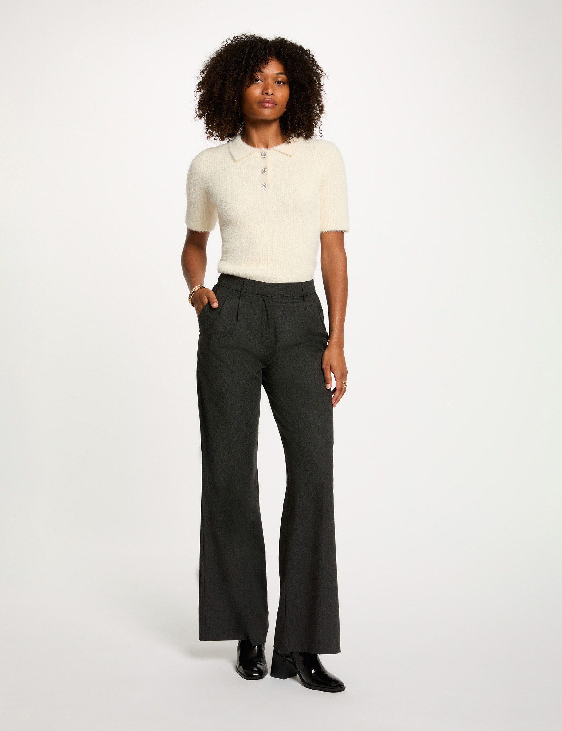 cropped sweater with folded collar ivory women Cropped sweater with folded collar ivory women