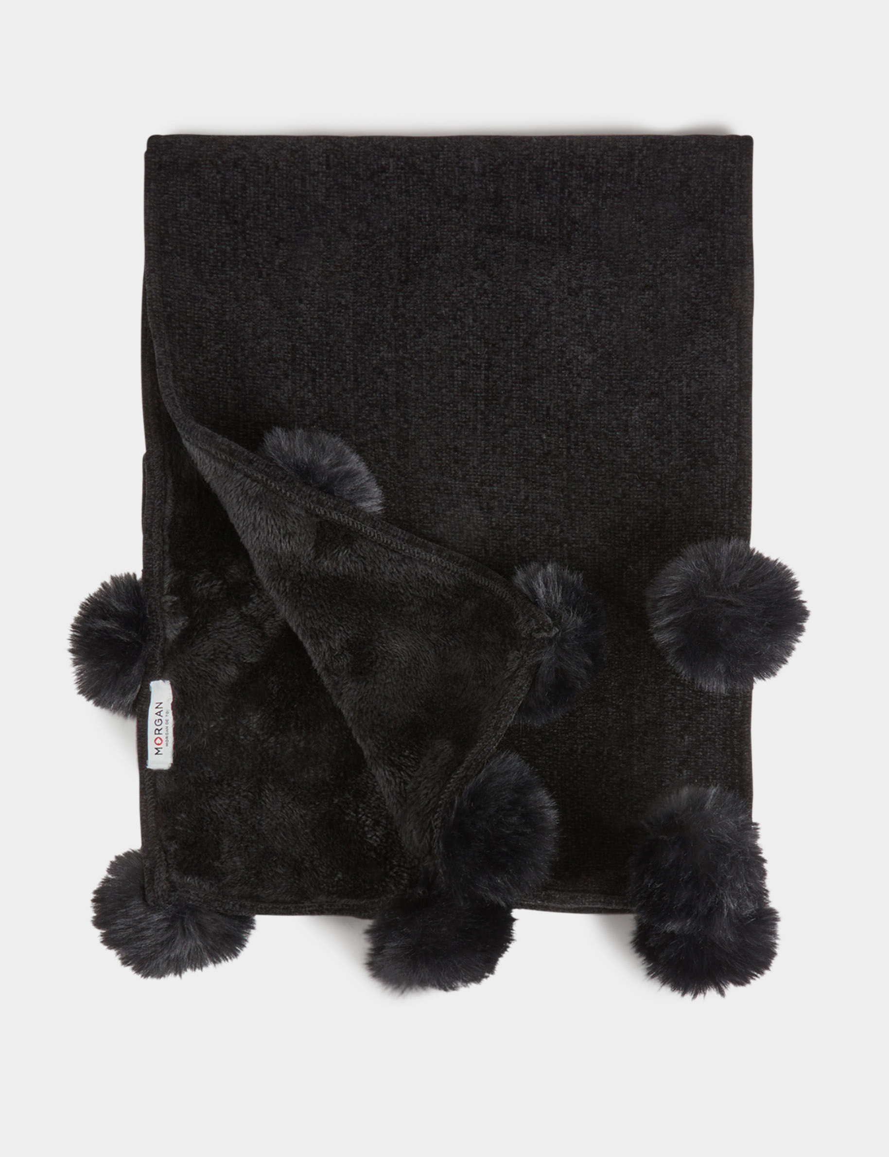 echarpe doublee a pompons noir femme Écharpe doublée à pompons noir femme