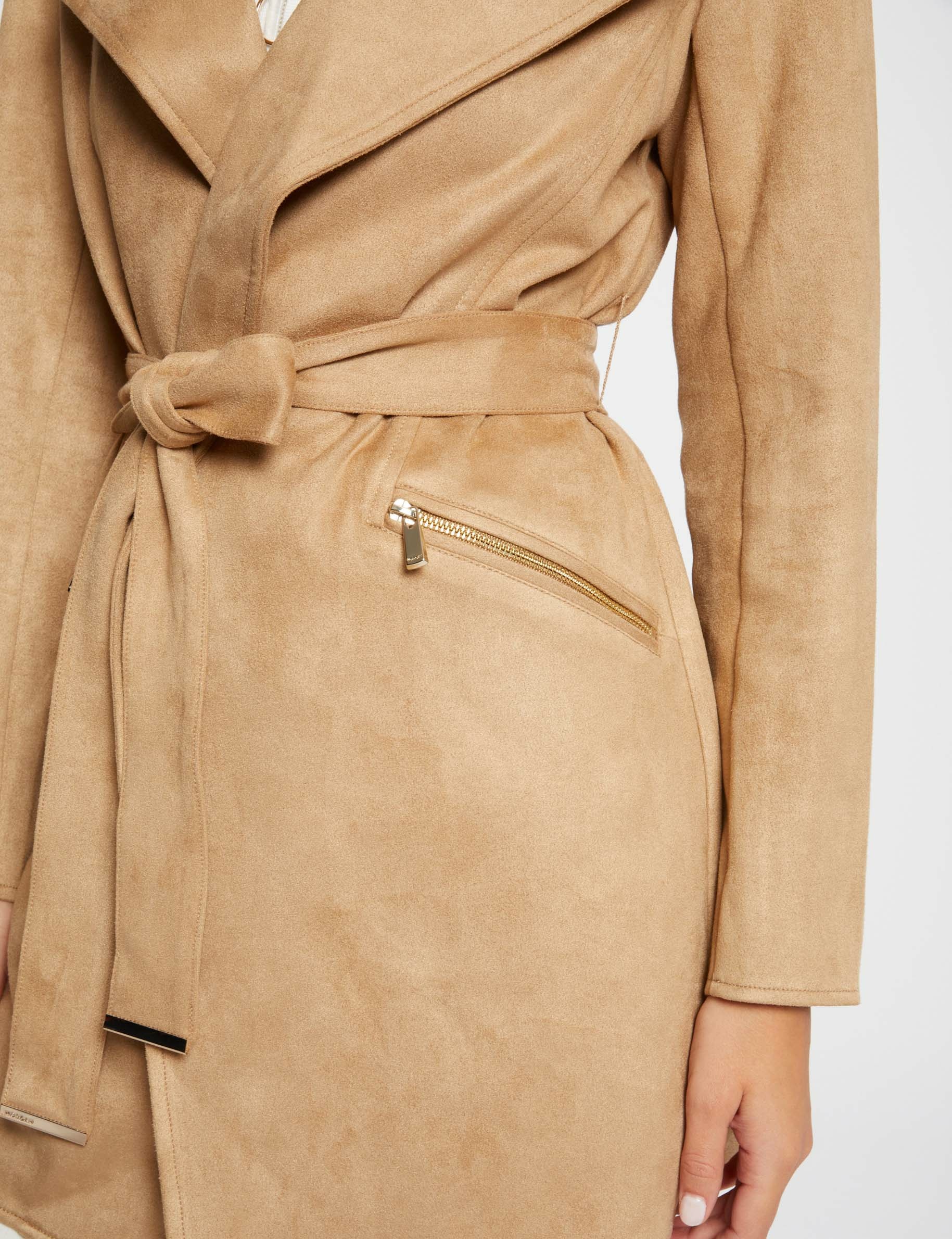 Belted long suede coat beige women Morgan