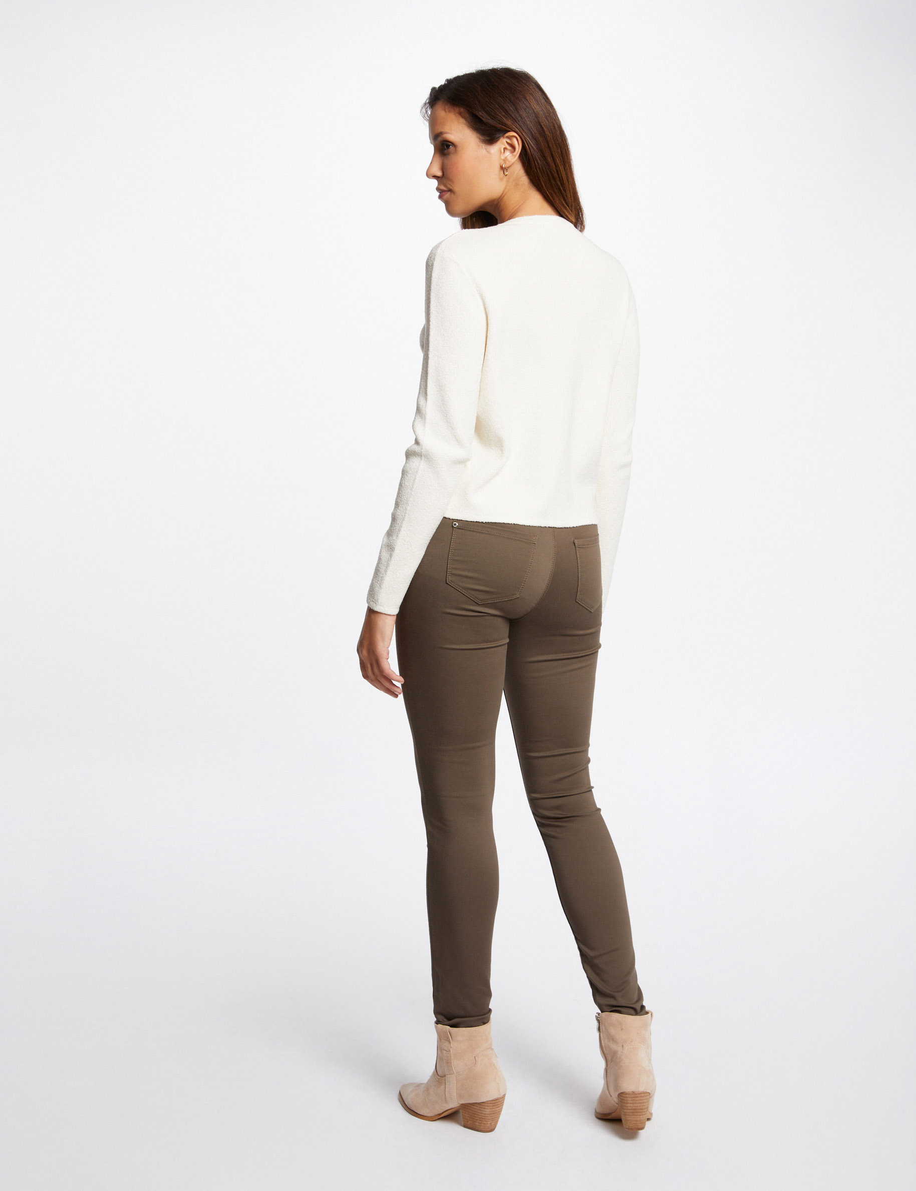 Skinny trousers with satin effect khaki green ladies'