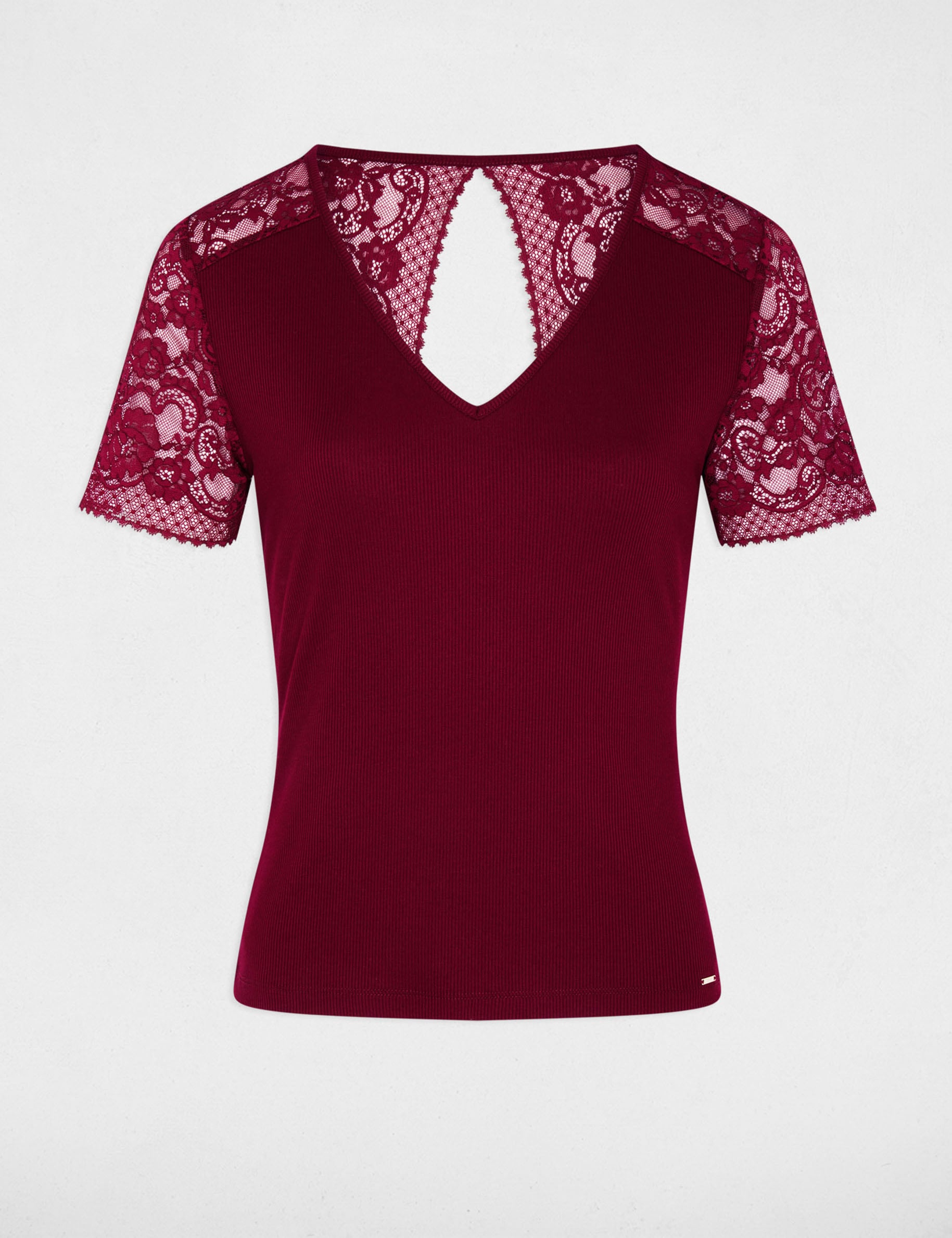 Lace V-neck t-shirt bordeaux women