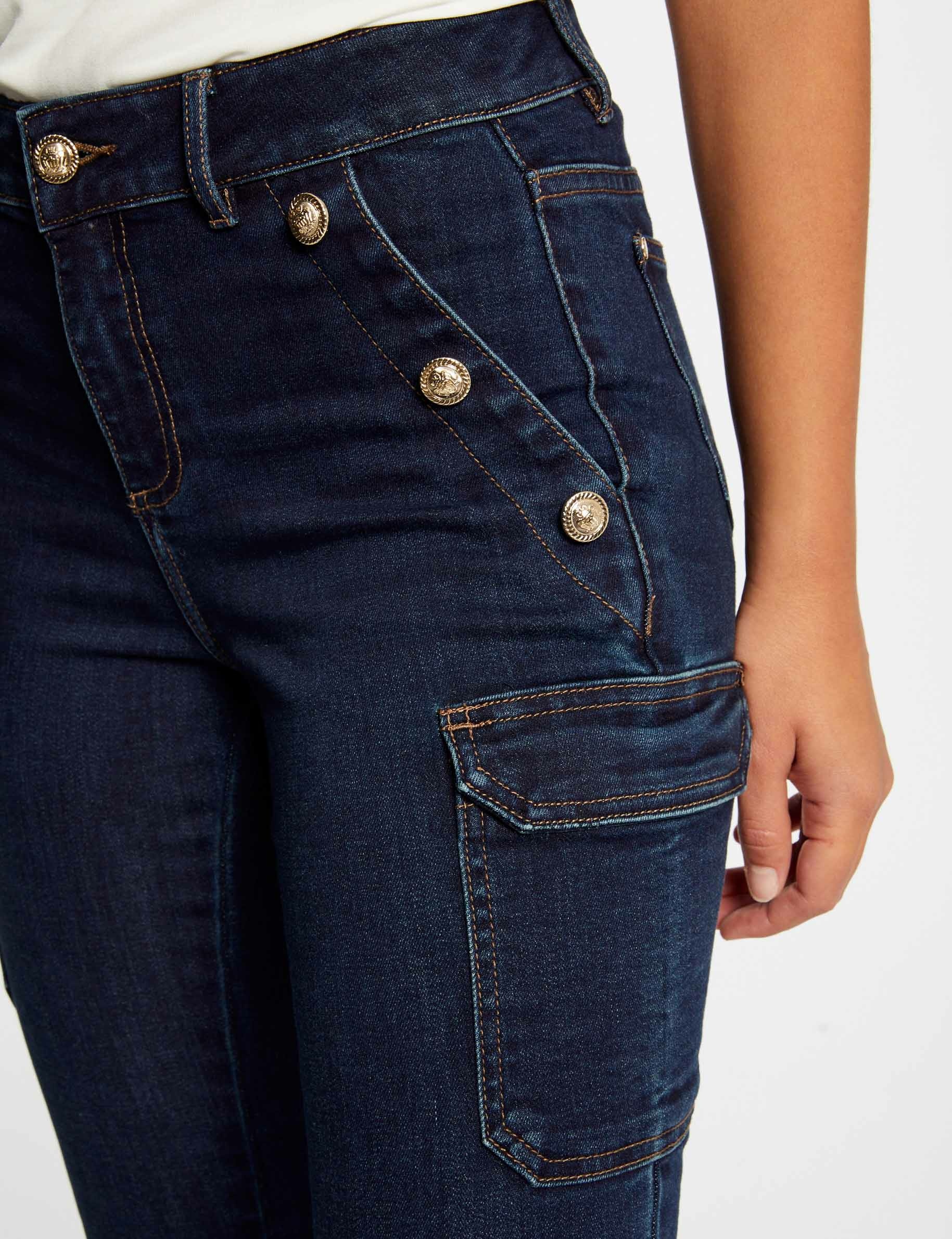 Skinny cargo trousers with buttons raw denim ladies'
