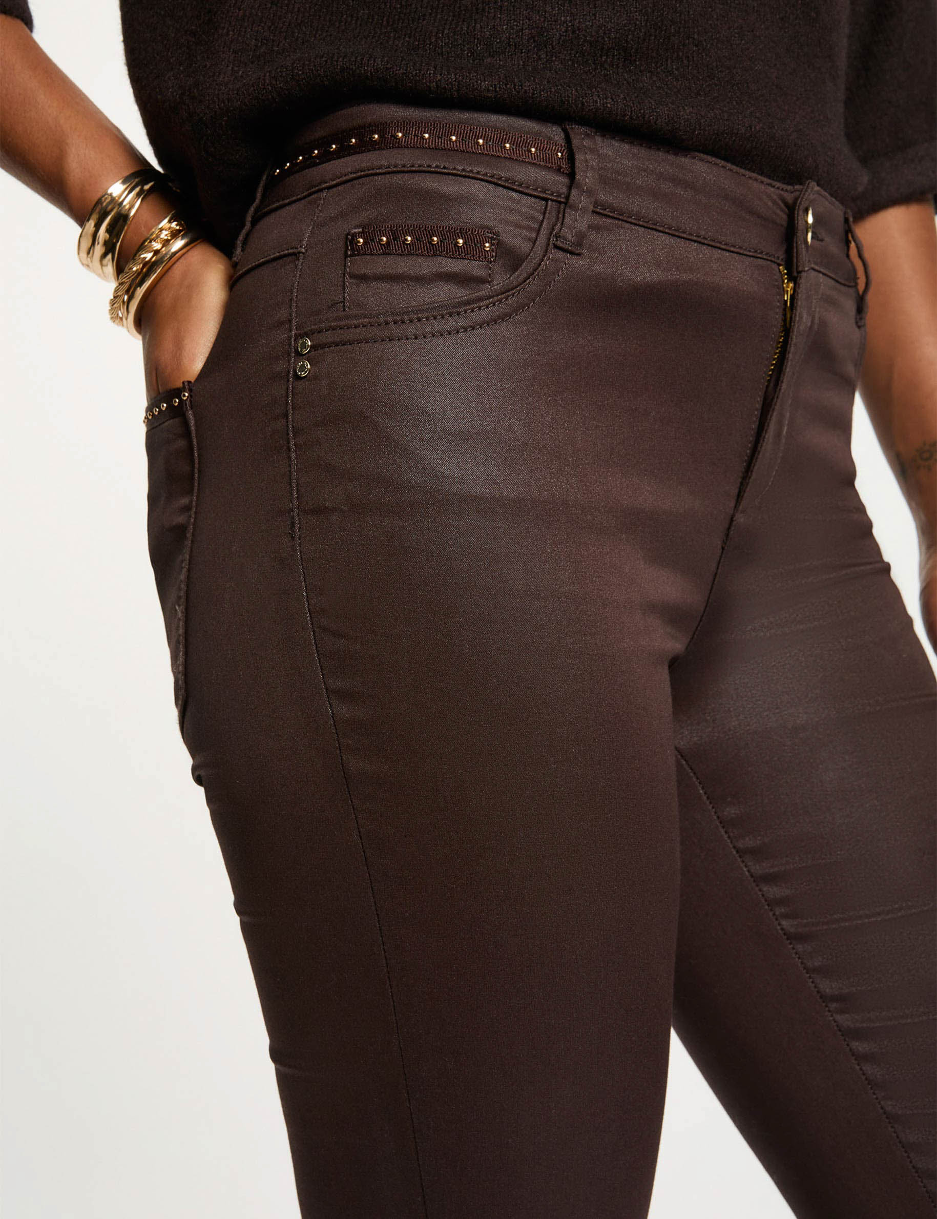 slim trousers wet effect dark brown women Slim trousers wet effect dark brown women