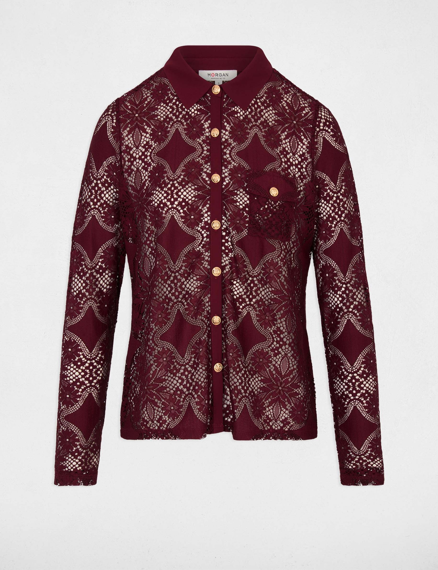Lace shirt with a notched collar bordeaux women