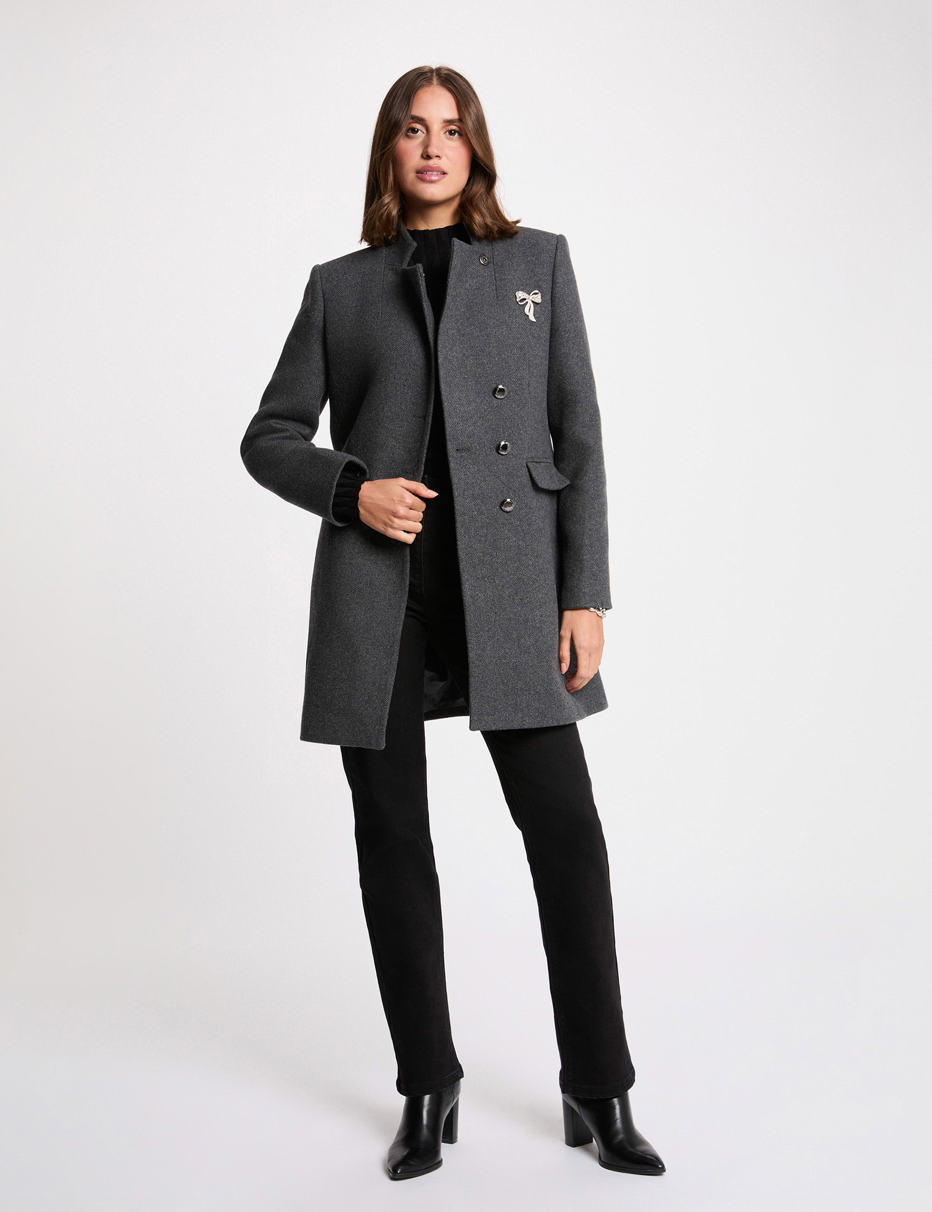 Fitted boucle coat dark grey women