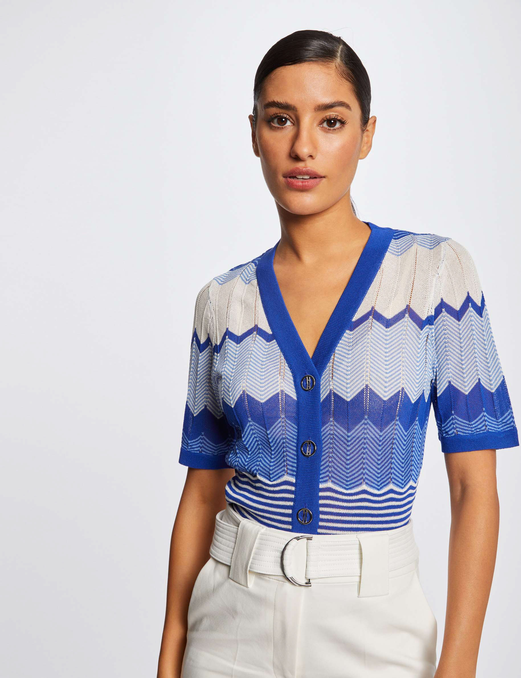 Short-sleeved jumper chevron print mid blue ladies