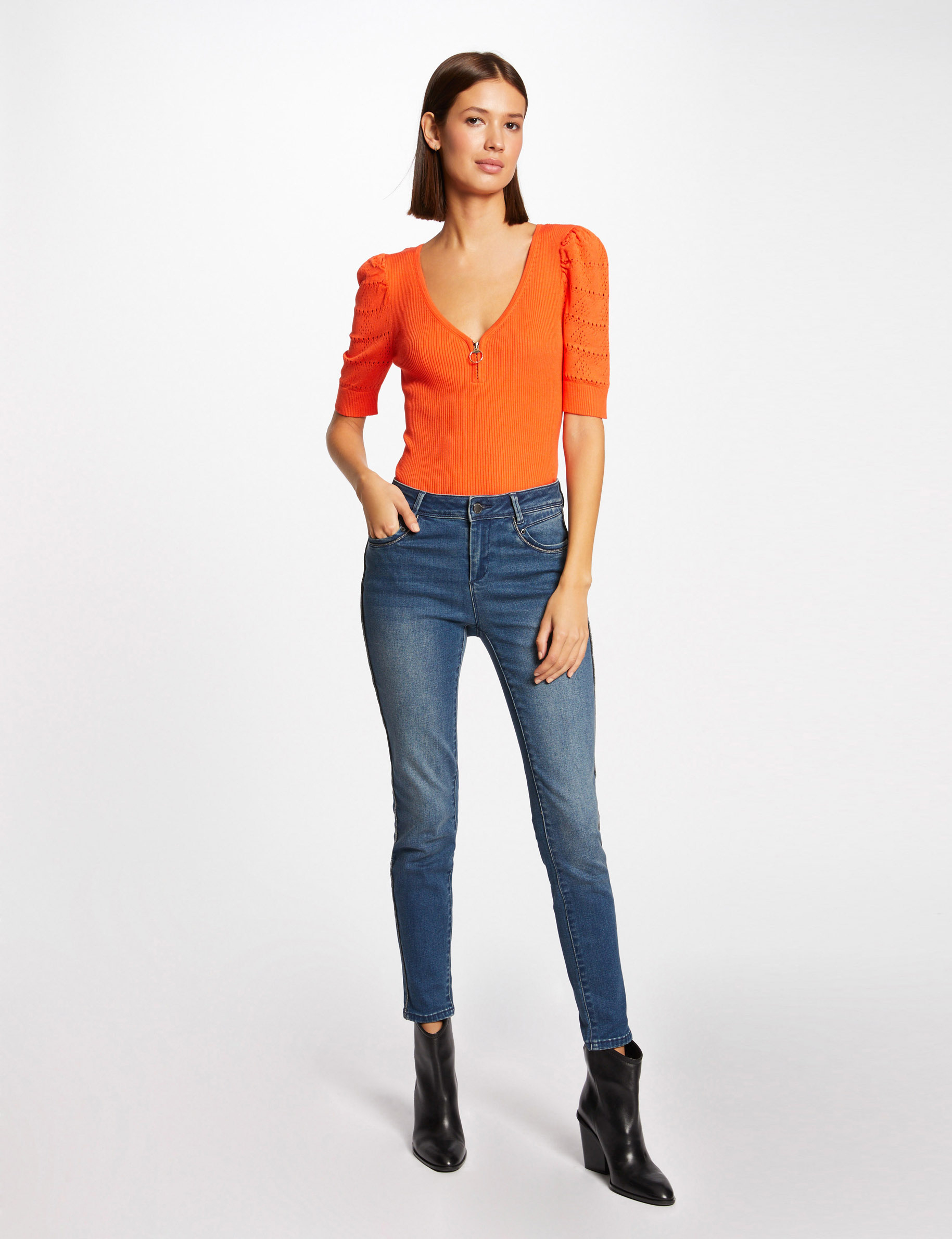 Slim cropped jeans with strips stone denim ladies' Slim cropped jeans with strips stone denim ladies'