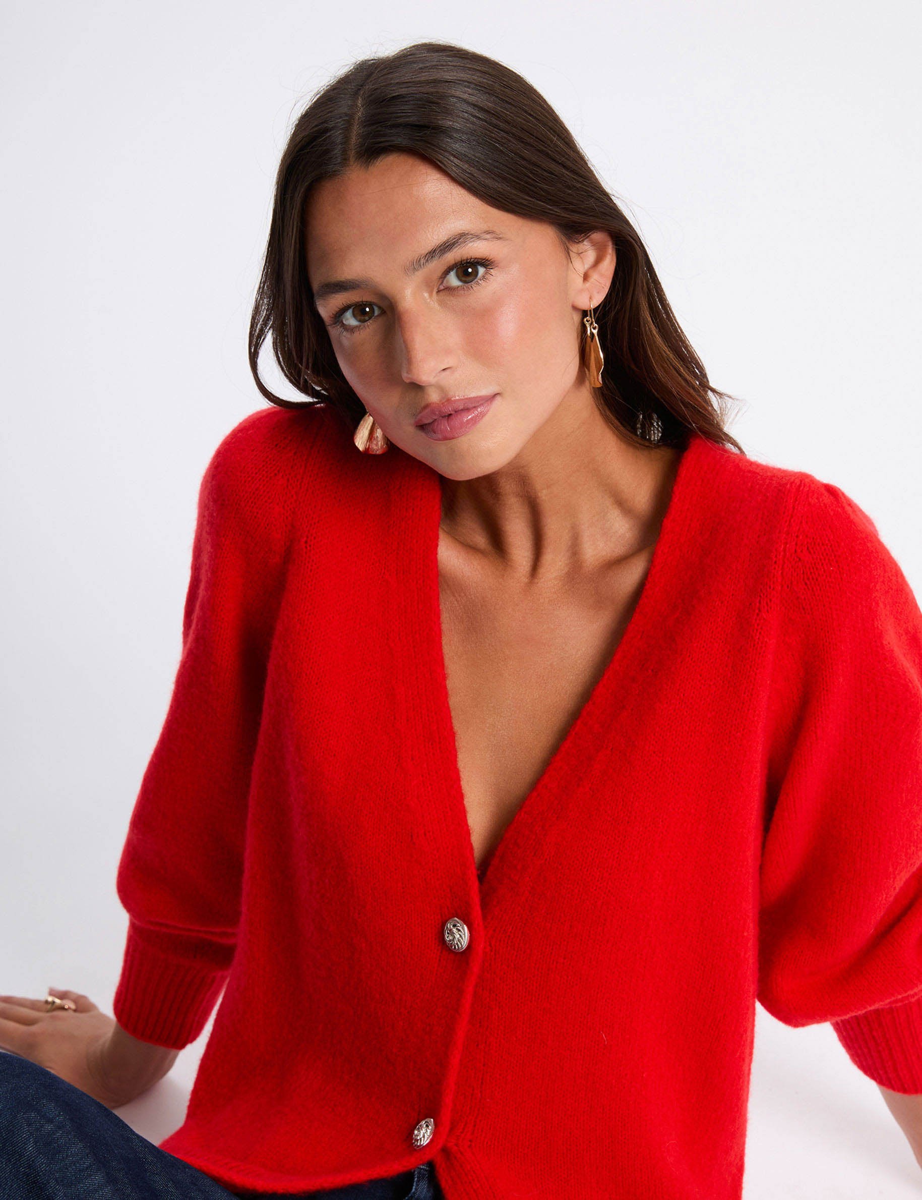 Cardigan with puff sleeves red women