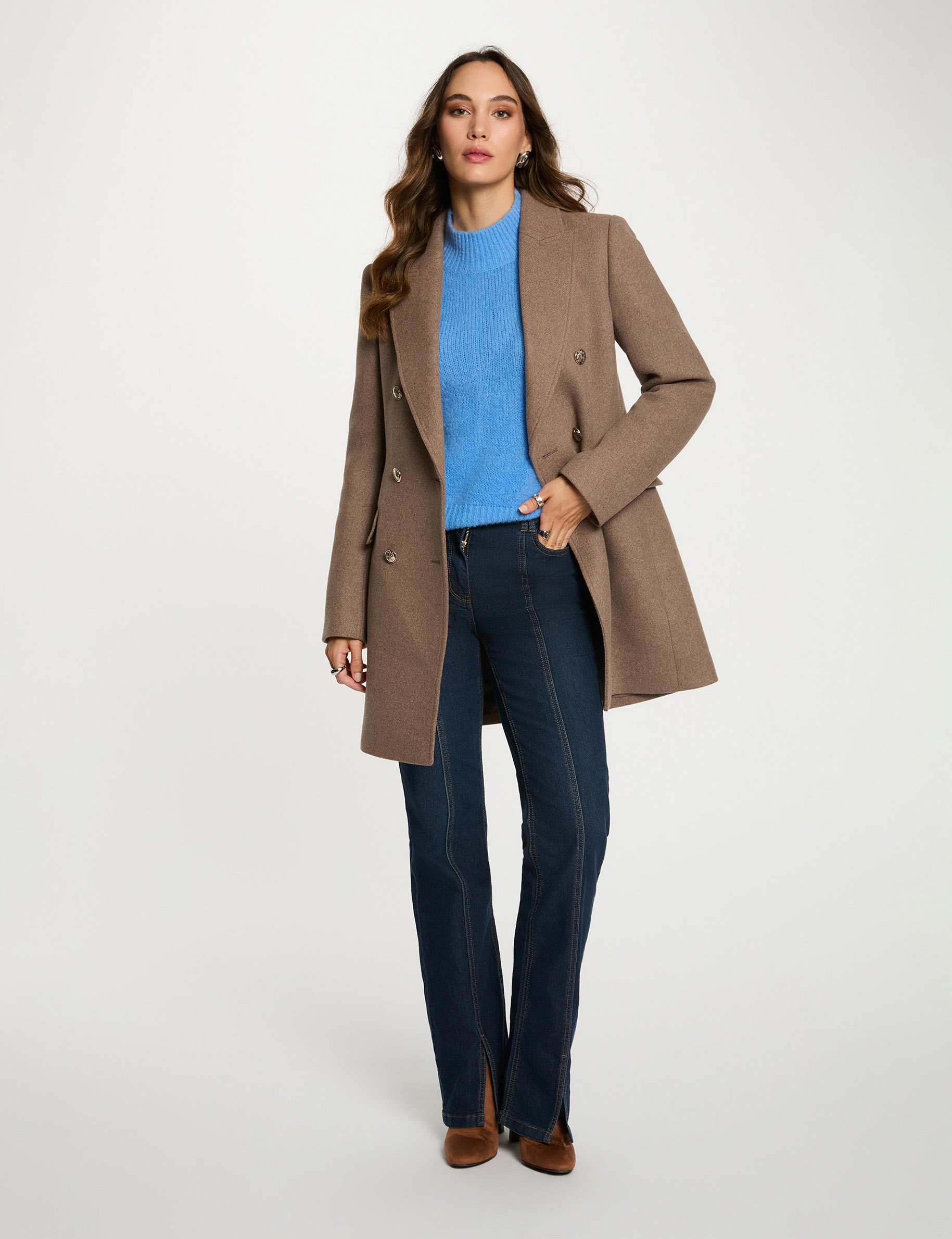 mi length coat with buttons taupe women Mi-length coat with buttons taupe women