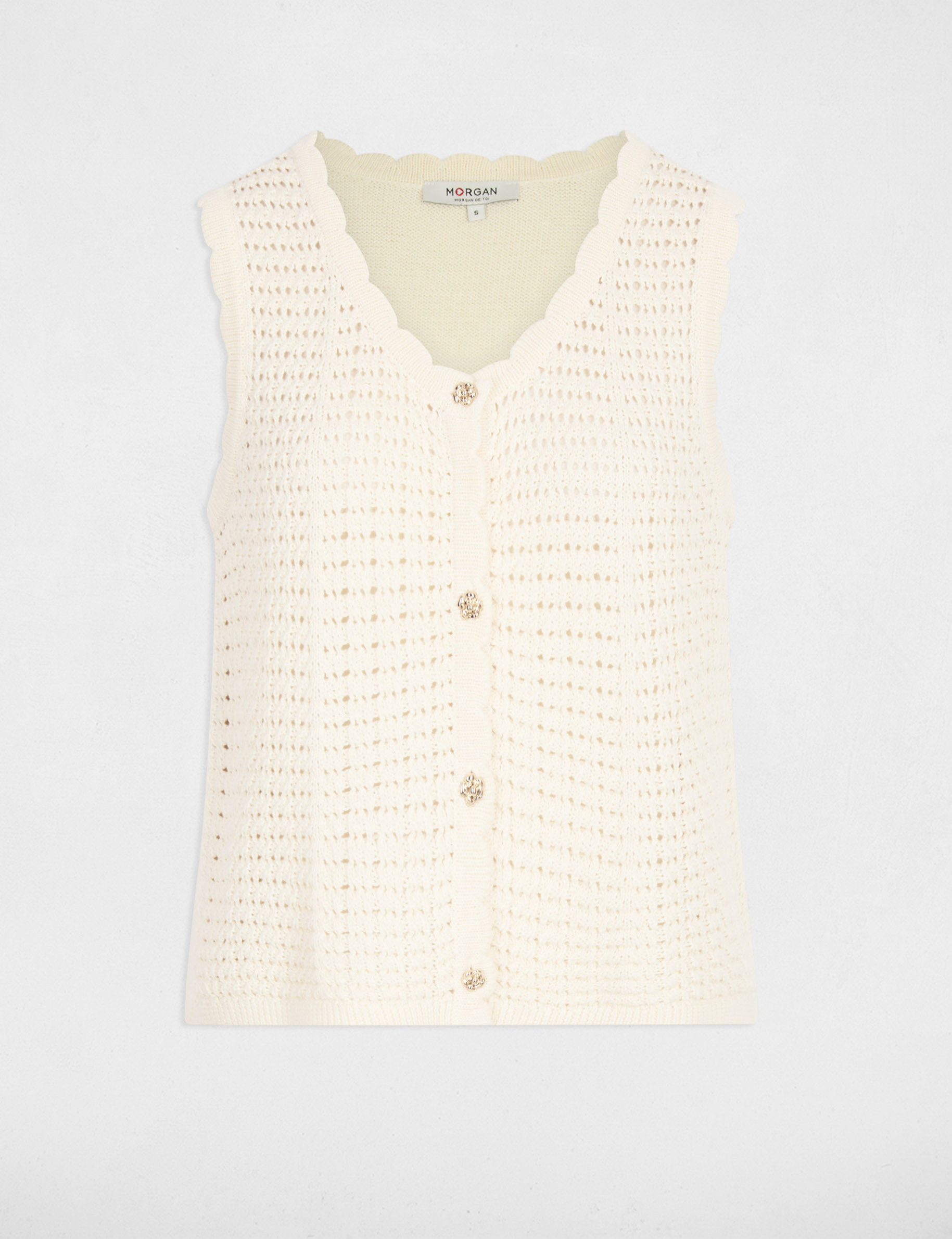 Sleeveless openwork cardigan ivory women