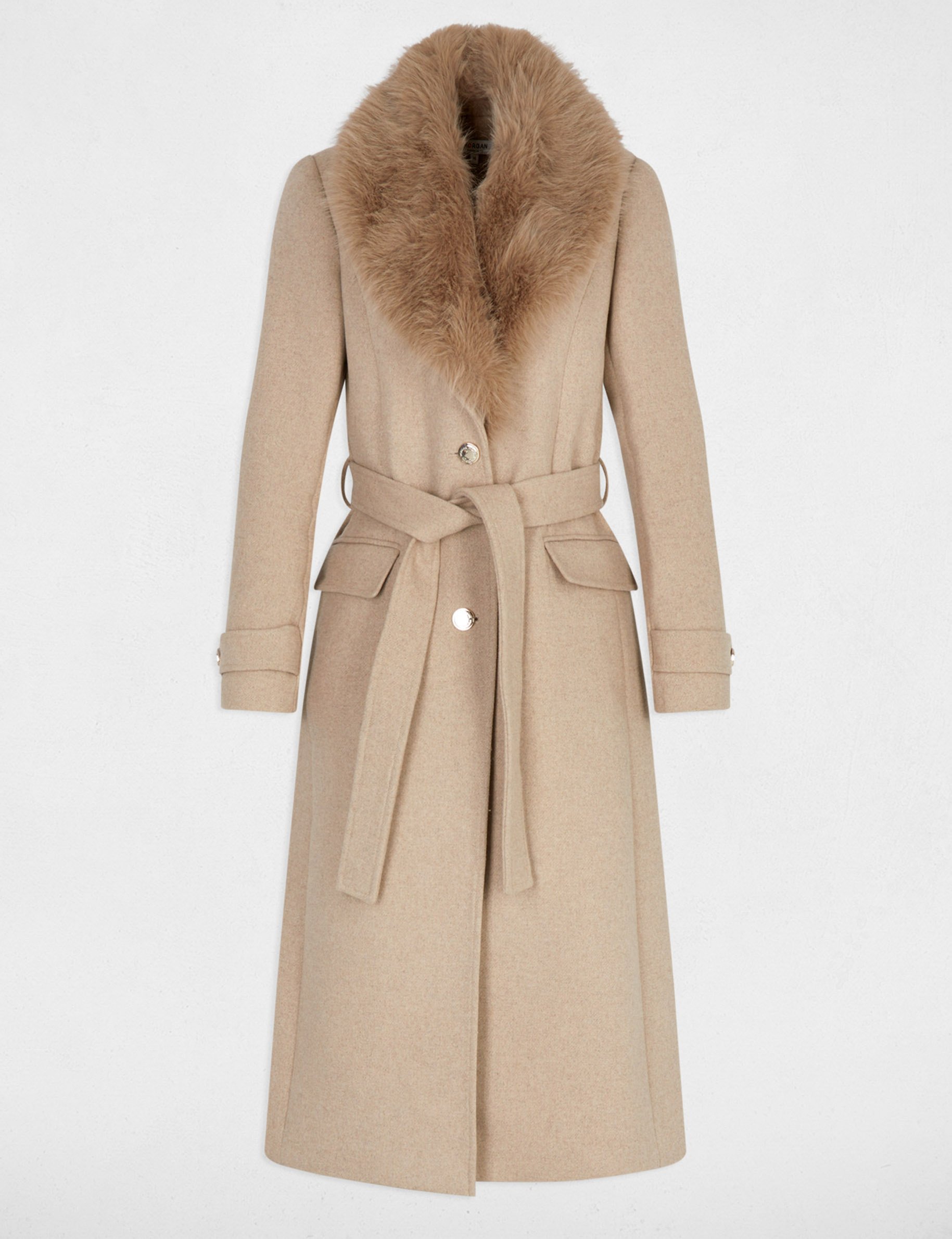 Long belted coat beige women