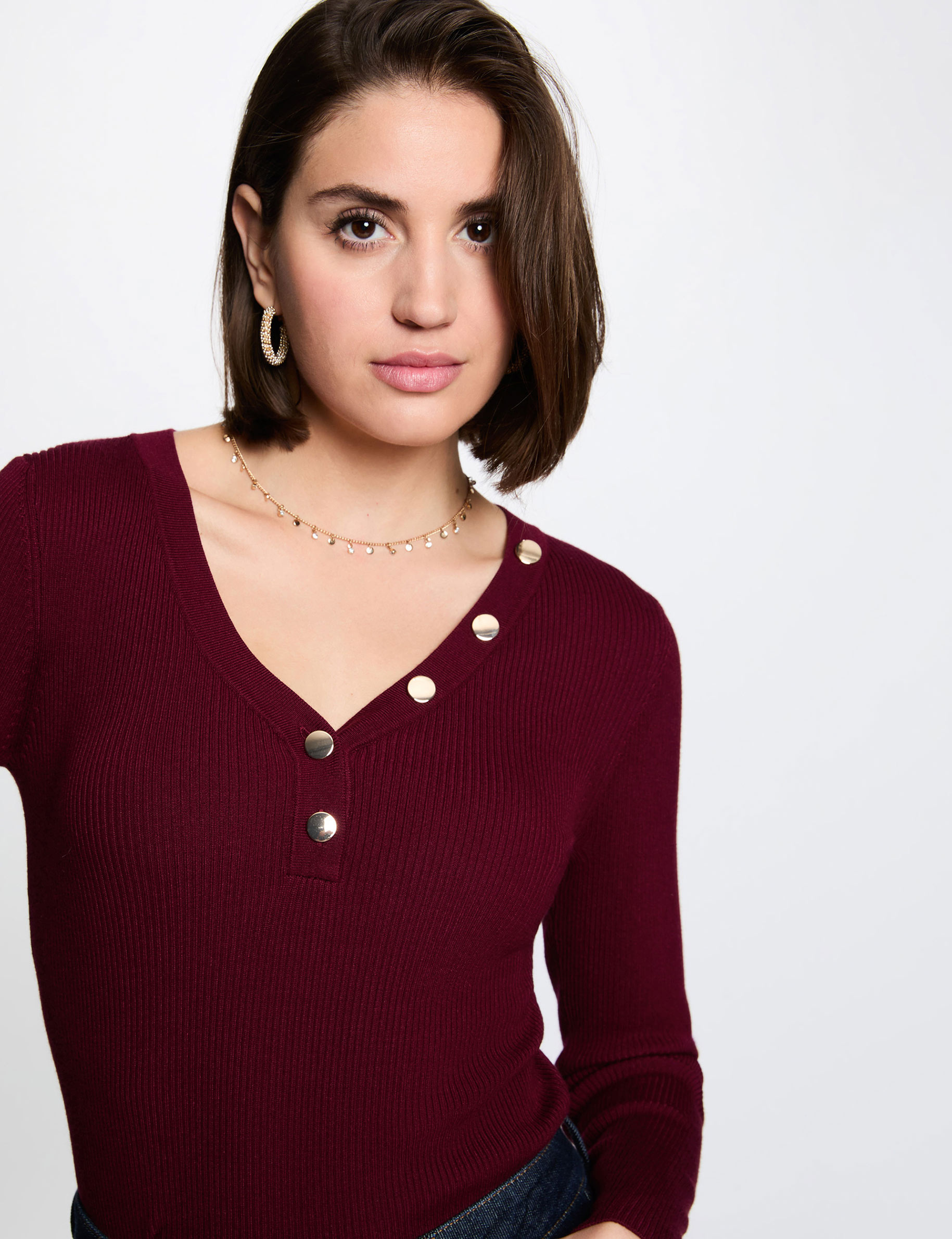 Fitted V-neck sweater bordeaux women