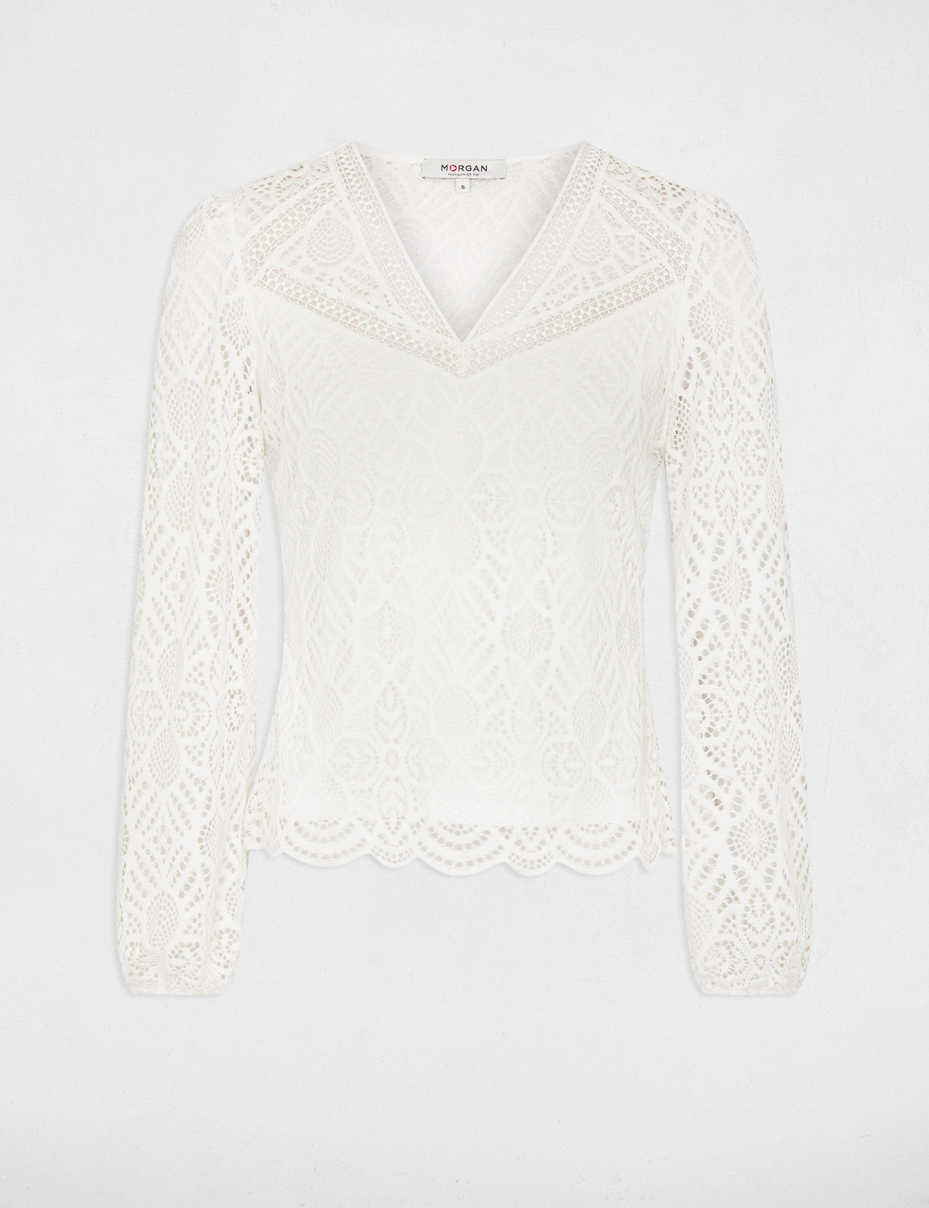 Lace t-shirt V-neck ivory women