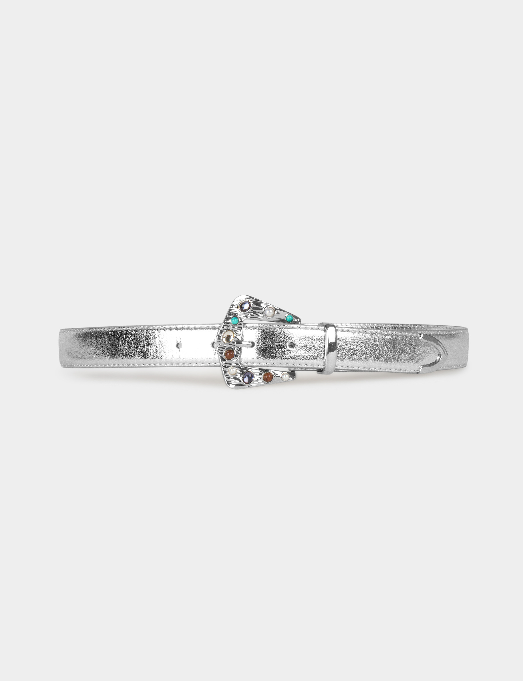 Metallised belt with jewelled buckle silver ladies'