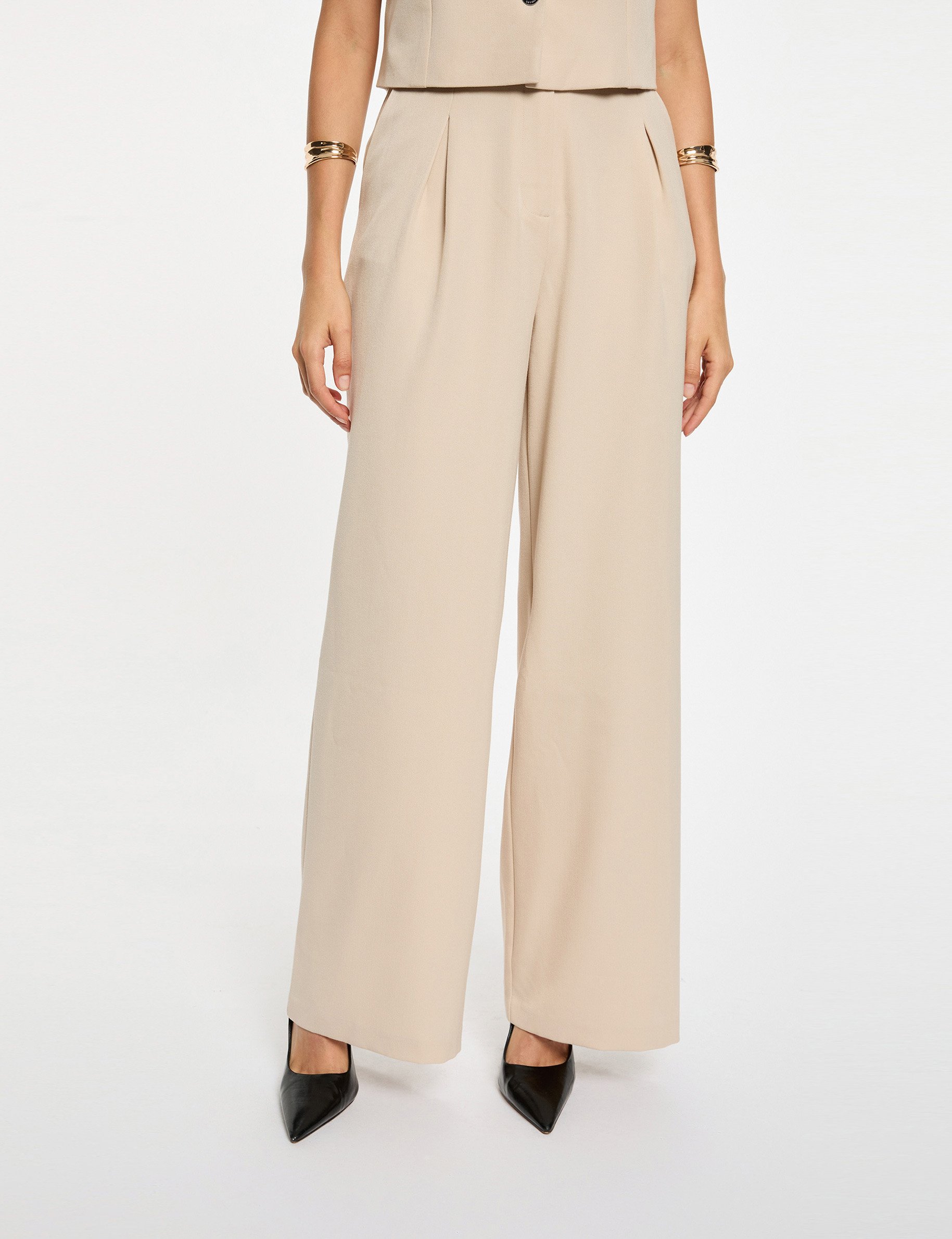 high waisted wide leg trousers beige women High-waisted wide-leg trousers beige women