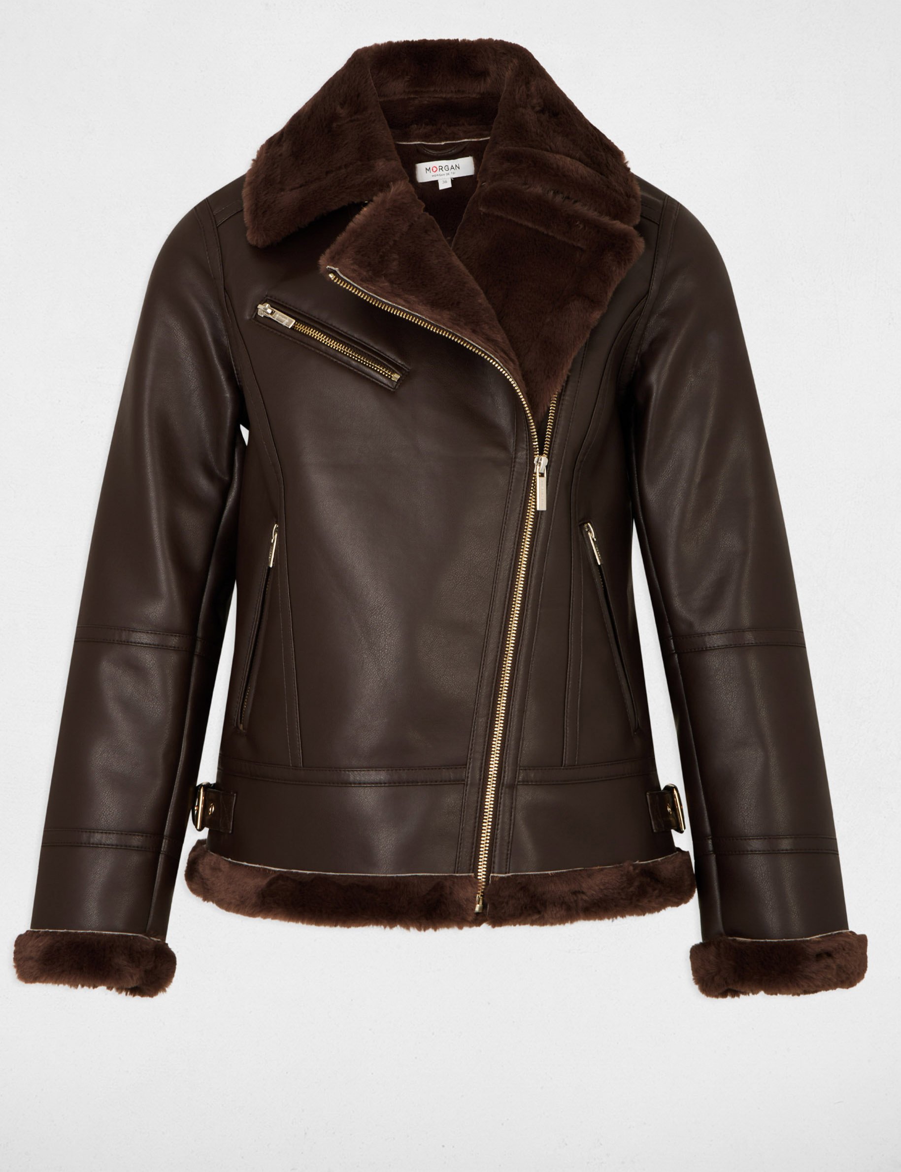 Oversized faux leather jacket dark brown women